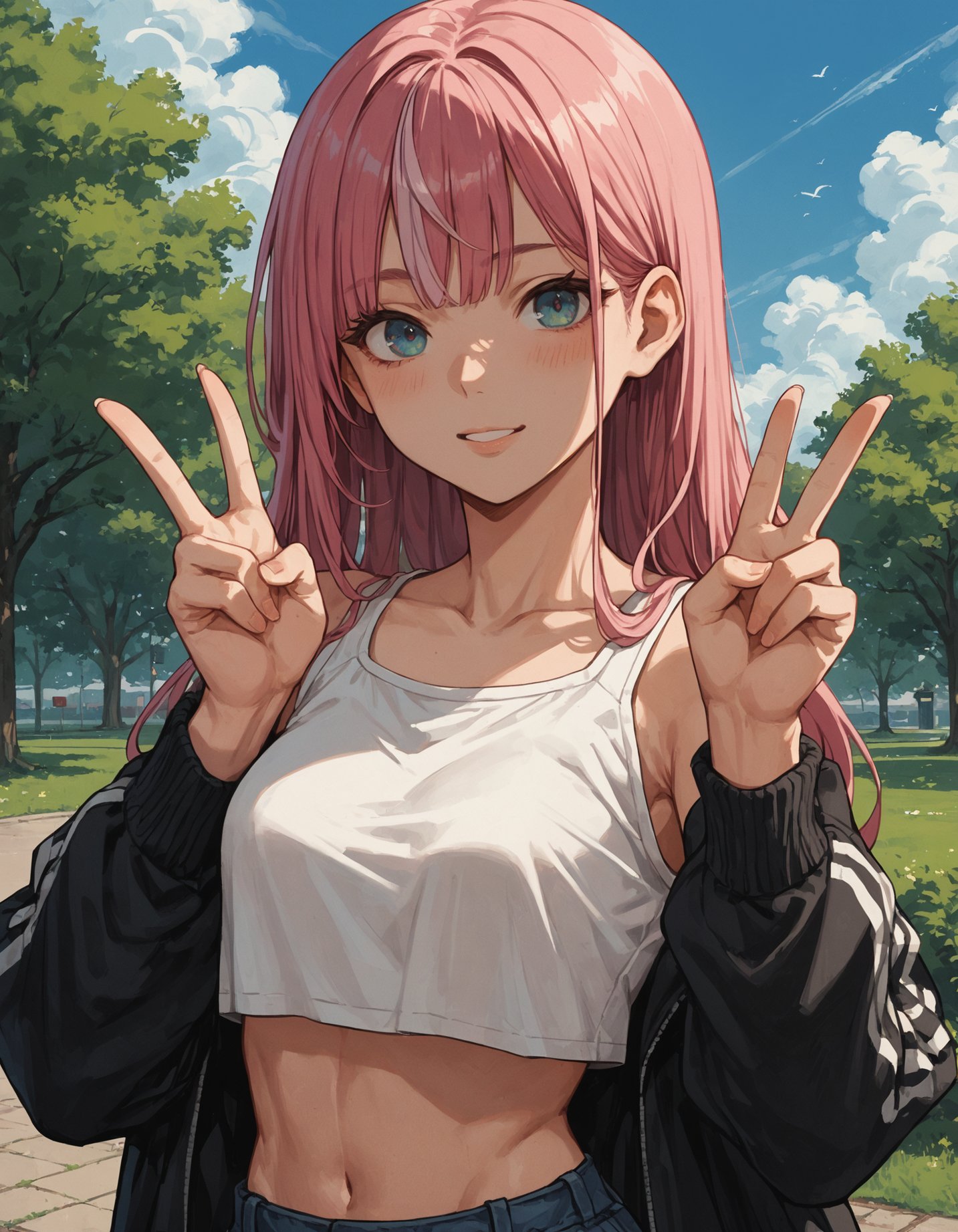 score_9, score_8_up, score_7_up, score_6_up, score_5_up,  source_anime,  1girl, portrait,  upper body, pink hair, streaked hair,  peace sign, clouds, sky, park, long hair, white crop top, 