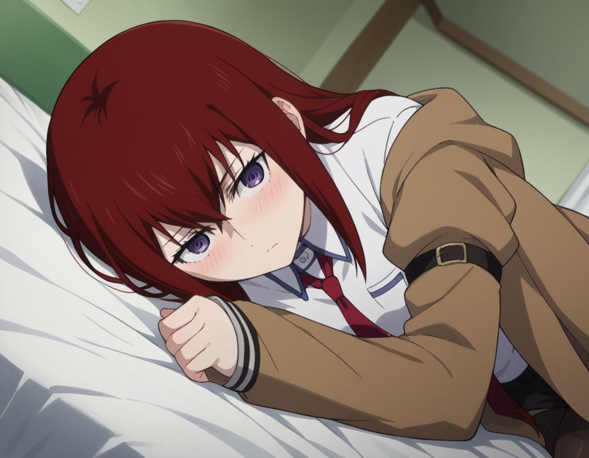 score_9, score_8_up, score_7_up, source_anime,kurisumakise, <lora:kurisu-makise-s1-ponyxl-lora-nochekaiser:1>,kurisu makise, hair between eyes, hair over shoulder, long hair, purple eyes, red hair, straight hair,black pantyhose, black shorts, brown coat, coat, collared shirt, long sleeves, necktie, pantyhose, pantyhose under shorts, shirt, short shorts, shorts, sleeves past wrists, white shirt, wing collar,indoors, bed, bed room, on side, blush, drunk,looking at viewer, cowboy shot, solo, dutch angle,