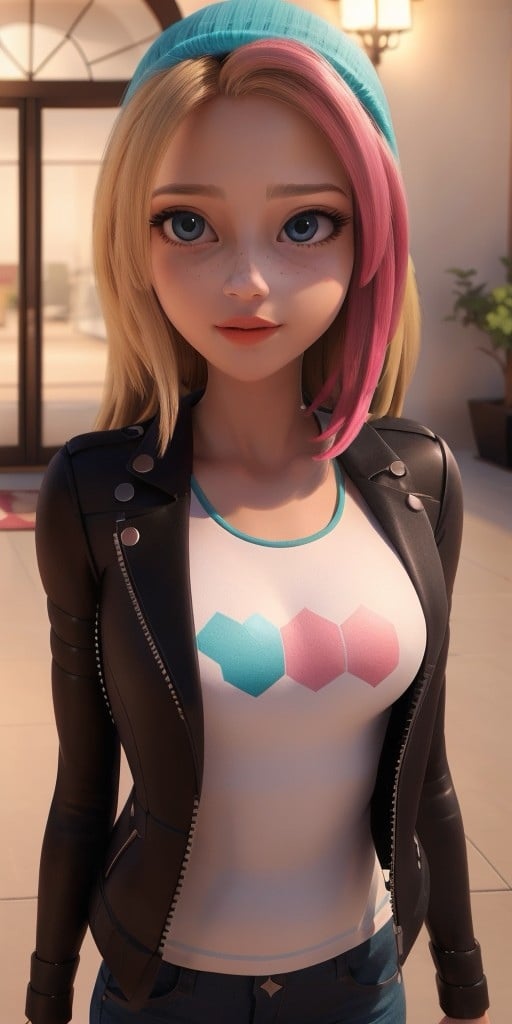 Hyperrealistic, photorealistic, super detailed, black unbuttoned jacket, white T-shirt, bright yellow jeans, vivid shade of azure eyes, shoulder length sandy blonde hair that has significantly shorter bangs with the ends reaching her shoulders, (hot pink dyed strands on the left side), light freckles, coral lips, body like in real life, large pores, peach skin tone, slender, beautiful arms, very little very flat breasts, unreal engine, octane render, droped shadow, bokeh, cinematic lighting, <lora:add_detail:0.5>, <lora:Volumetric_lighting:0.6>, Zoe Lee, , <lora:9c5d584a-ab50-49af-9d50-d339318f14f4:0.7>