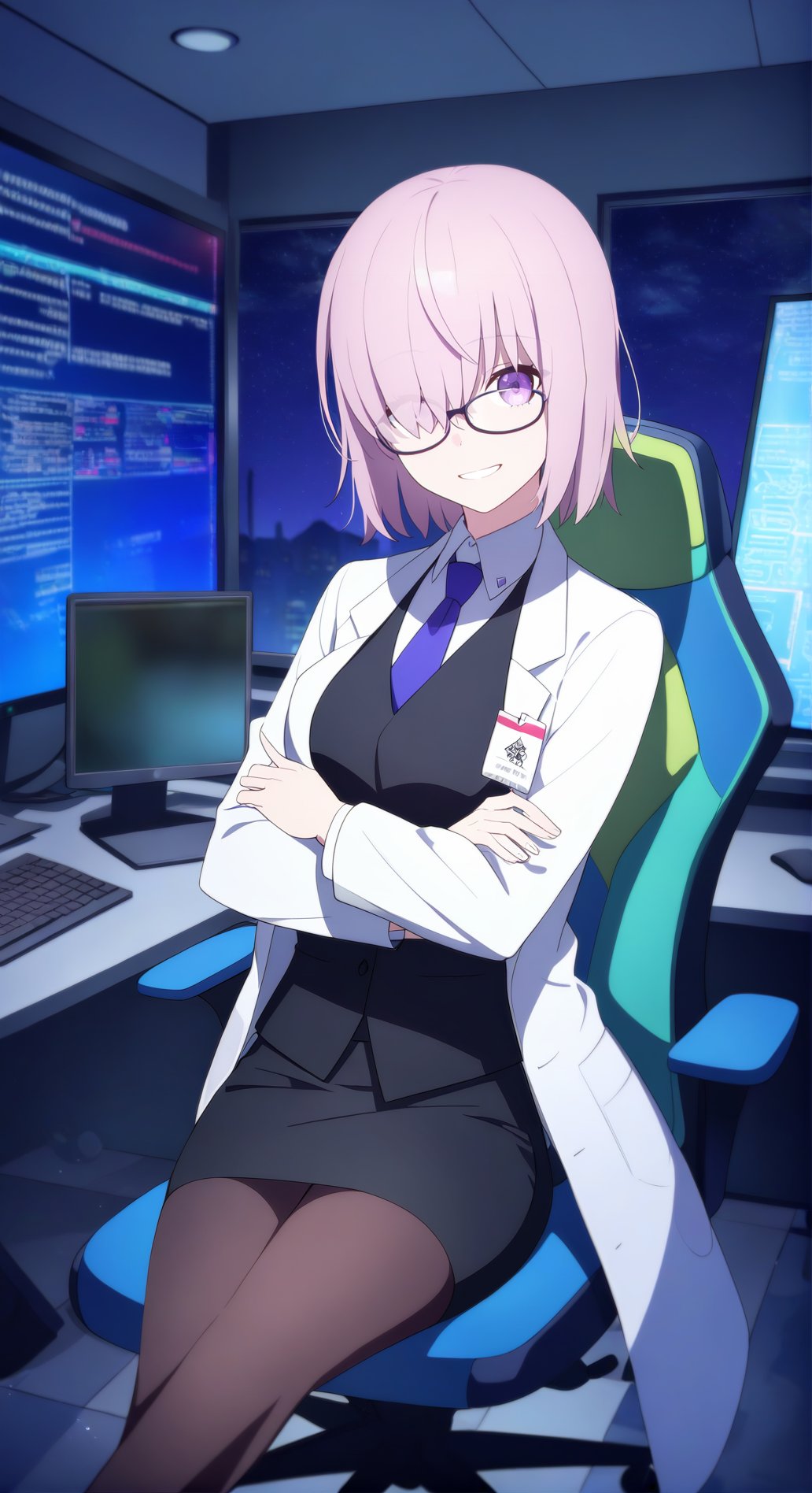 1girl,    1girl, mash kyrielight \(formal dress\), fate/grand order, solo, legs apart, graveyard, office chair, office lady, red hair, star \(sky\), desk, grin, spacecraft, swivel chair, pencil skirt, id card, curtains, long sleeves, black skirt, personification, hair between eyes, black pantyhose, skirt, keyboard \(computer\), pantyhose, shirt, long hair, necktie, mouse \(computer\), monitor, blue necktie, russian text, window, smile, white shirt, night, dark room, looking at viewer, collared shirt, chair, lab coat, akira slide, indoors, qr code, blonde hair, apartment, purple eyes, miniskirt, night sky, computer, flashlight, starry sky, cyrillic, red eyes, sky, glasses, sitting, crossed arms, twitter username, blue eyes, medium hair, masterpiece, best quality, absurdres, highres, safe