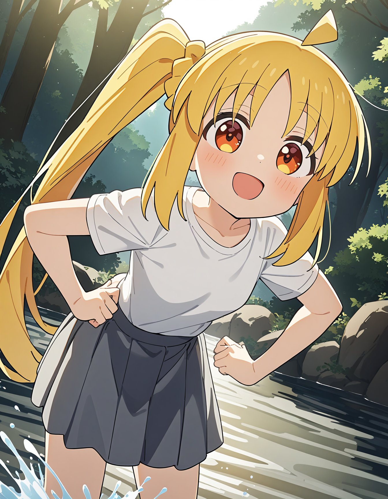 1girl, ijichi nijika, bocchi the rock!,long hair, side ponytail, orange eyes, blonde hair, ahoge, open mouth, smile, small breasts, white t-shirt, grey skirt, hands on own hips, forest, river, splashing, looking at viewer, masterpiece, best quality, very aesthetic, absurdres,