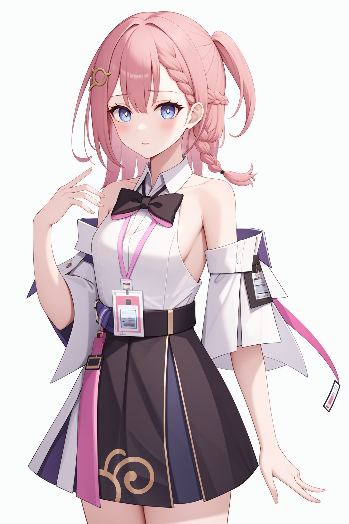 <lora:艾丝妲v2:1:lbw=char>,asta,1girl,pink hair,braid,hair ornament,white shirt,bare shoulders,long hair,detached sleeves,sleeveless shirt,black skirt,id card,bowtie,, (masterpiece,best quality:1.2),absurdres, high quality,