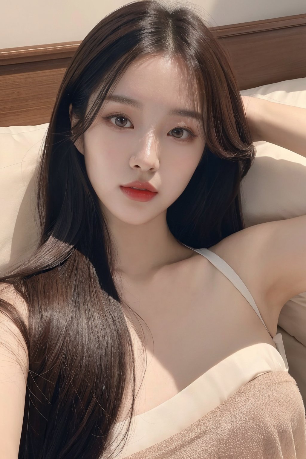 22 years old,  korean,  looking at viewer,  ((upper_body_shot)),  spreading legs,  on bed,  straight hair,  (make_up,  cute girl,  beautiful perfect face ratio,  korean girl,  kpop idol,  beautiful idol,  sexy korean actress),  photon mapping,  radiosity,  physically-based rendering,  perfect face,  1girl,  solo,  masterpiece,  best quality,  extremely detailed,  sharp,  outside,  brown hair,  looking at viewer,  8k uhd,  high quality,  veiny breasts, real skin,  human skin texture,  veiny skin,  realistic skin, Detailedface, photorealistic,  , korean,<lora:EMS-88576-EMS:1.000000>,<lora:EMS-88526-EMS:0.800000>