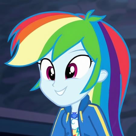 1girl, blue skin , rainbow hair, multicolored hair, pink eyes, long hair, upper body, jacket, long pants ,smile, shirt