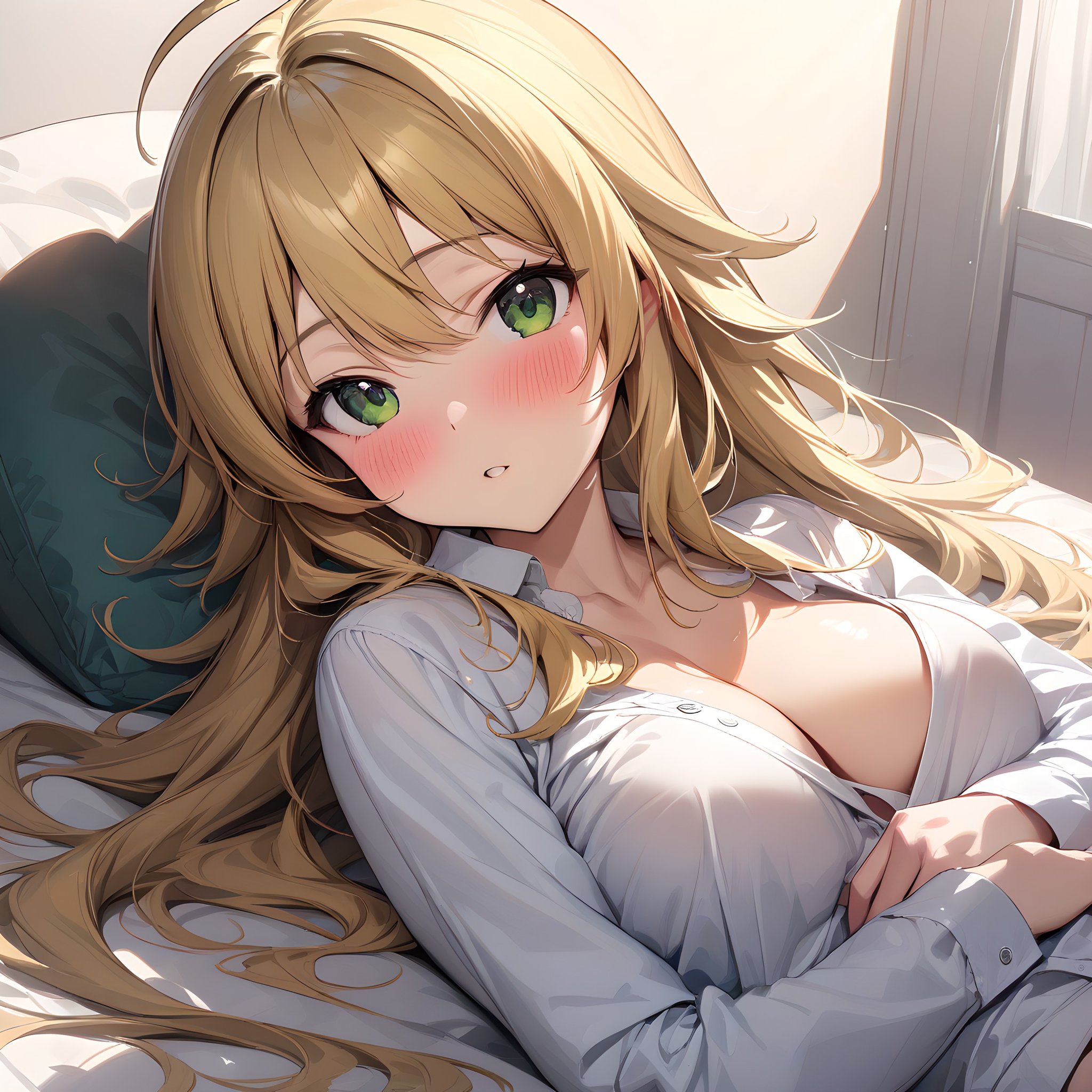 (masterpiece),(best quality),(ultra-detailed),(best illustration),(best shadow),(absurdres),(detailed background),(very aesthetic), hoshii_miki, hoshii_miki, 1girl, breasts, blonde hair, long hair, solo, cleavage, green eyes, blush, lying, looking at viewer, ahoge, shirt, white shirt, pillow, medium breasts<lora:Hoshii_Miki:1>