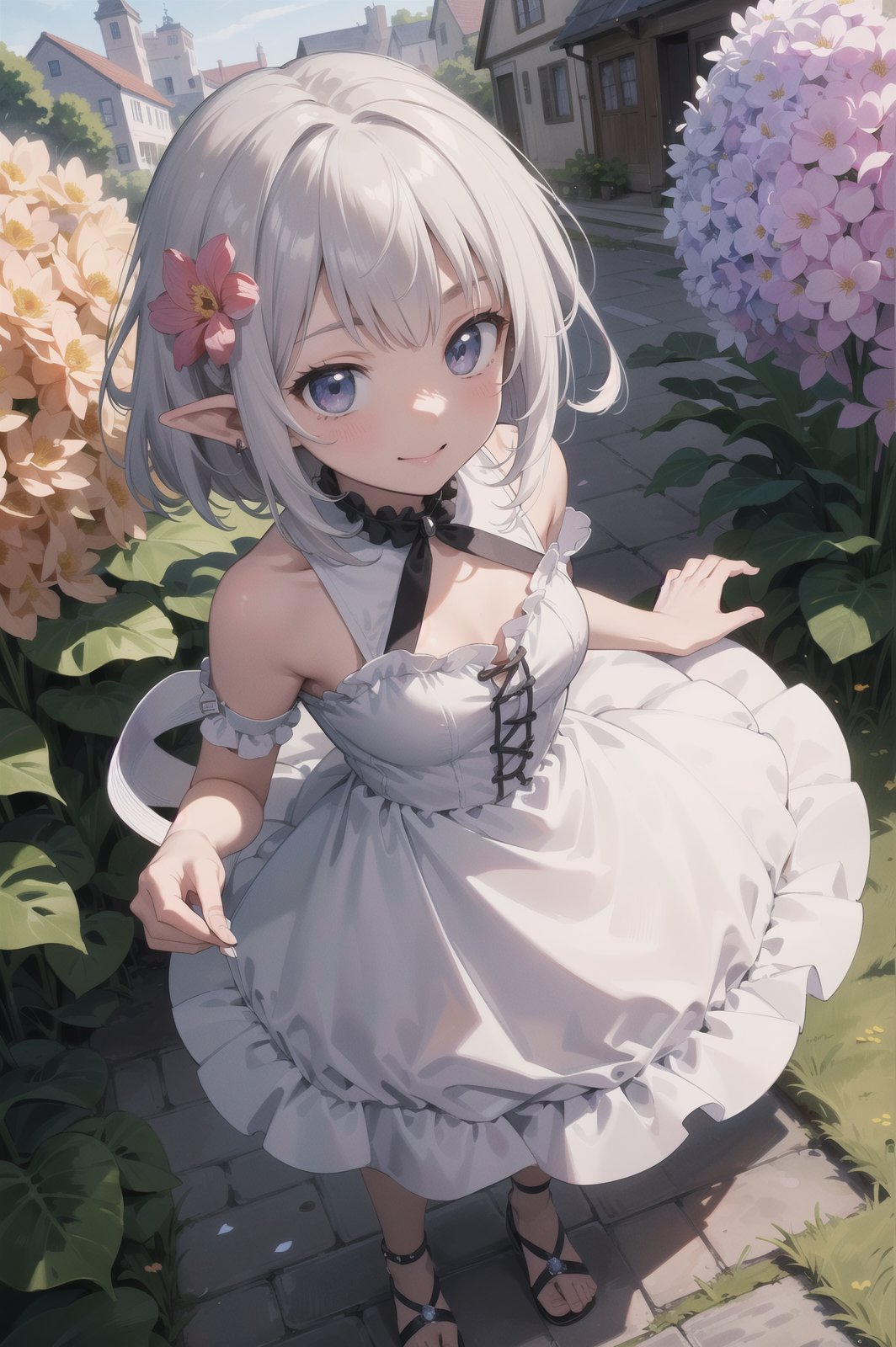 masterpiece, (best quality, ultra-detailed:1.6), (ultra high res:1.5),super fine (anime),(sharp focus), (insanely detailed:1.3),detailed face,(perfect anatomy), delicate (cel animation), 1 cute girl,(cute face:1.1),pointy ears,kindly smile,(flower blooming town:1.3),full body,in fantasy world,no holding,full body,outdoor,beautiful ruffle dress, Medium shot