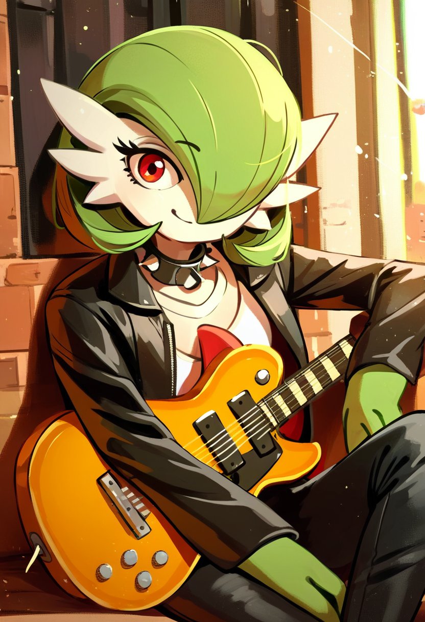 rating_safe, score_9, score_8_up, score_7_up, score_6_up, 1girl, gardevoir, leather jacket, guitar, white shirt, gothic, looking at viewer, sitting, light smile, black pants, leather pants, spiked collar,