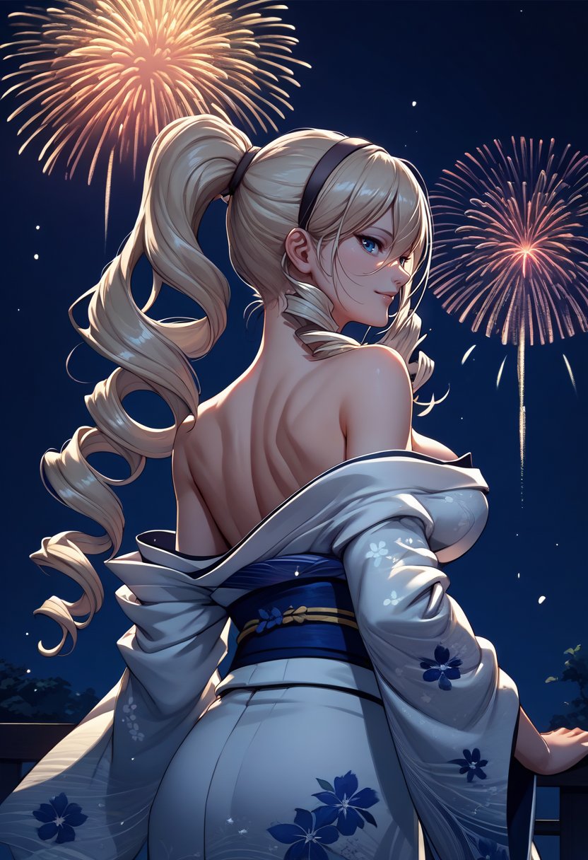 score_9, score_8_up, score_7_up, source_anime, from behind, solo, 1girl, celia aintree, light smile, looking back, drill hair, ponytail, hairband, japanese clothes, white kimono, floral print, off shoulder, blue sash, bare shoulders, large breasts, fireworks <lora:walkureromanze_aintree_ponyXL:1>