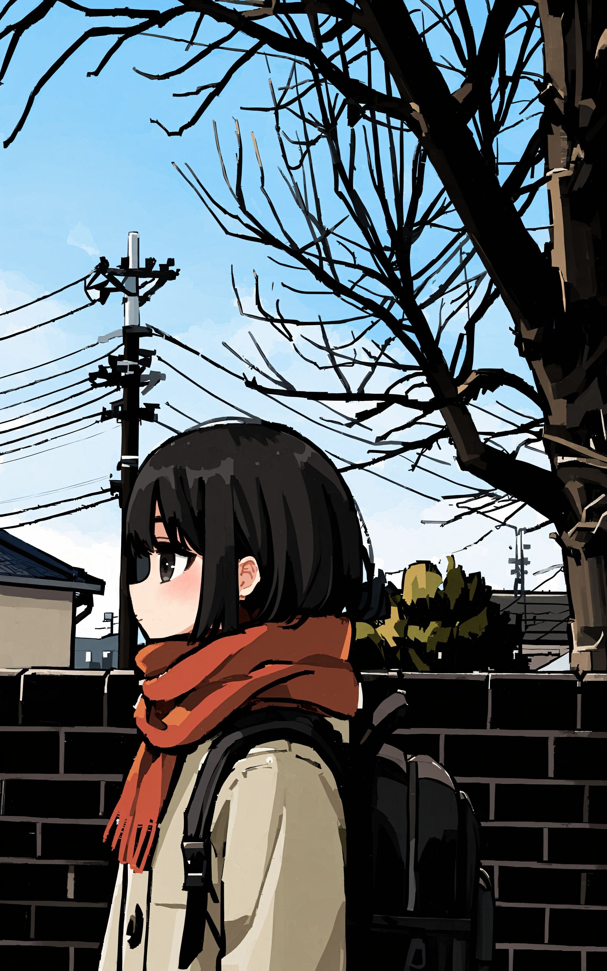 outdoors, solo, 1girl, backpack, scarf, black hair, bag, sky, power lines, utility pole, tree, blue sky, day, upper body, profile, red scarf, short hair, coat, black eyes    <lora:XLTEST 10:0.75>