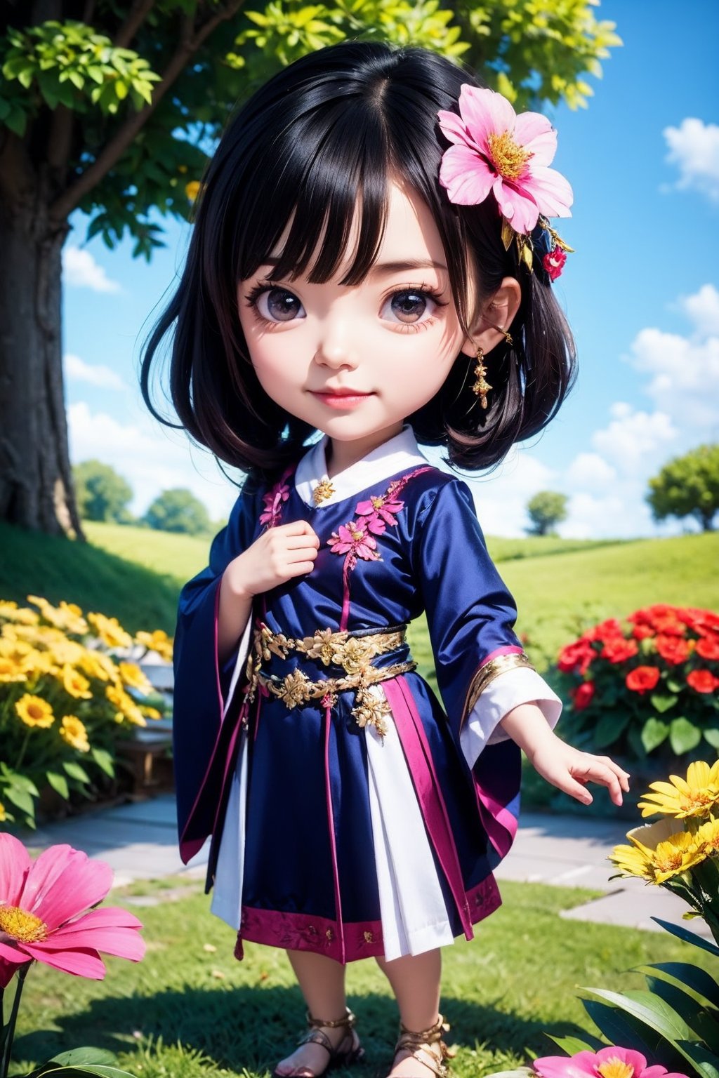 1girl, flower, solo, hair ornament, black hair, hair flower, wide sleeves, jewelry, long sleeves, vase, earrings, looking at viewer, brown eyes, black eyes, outdoors, chibi