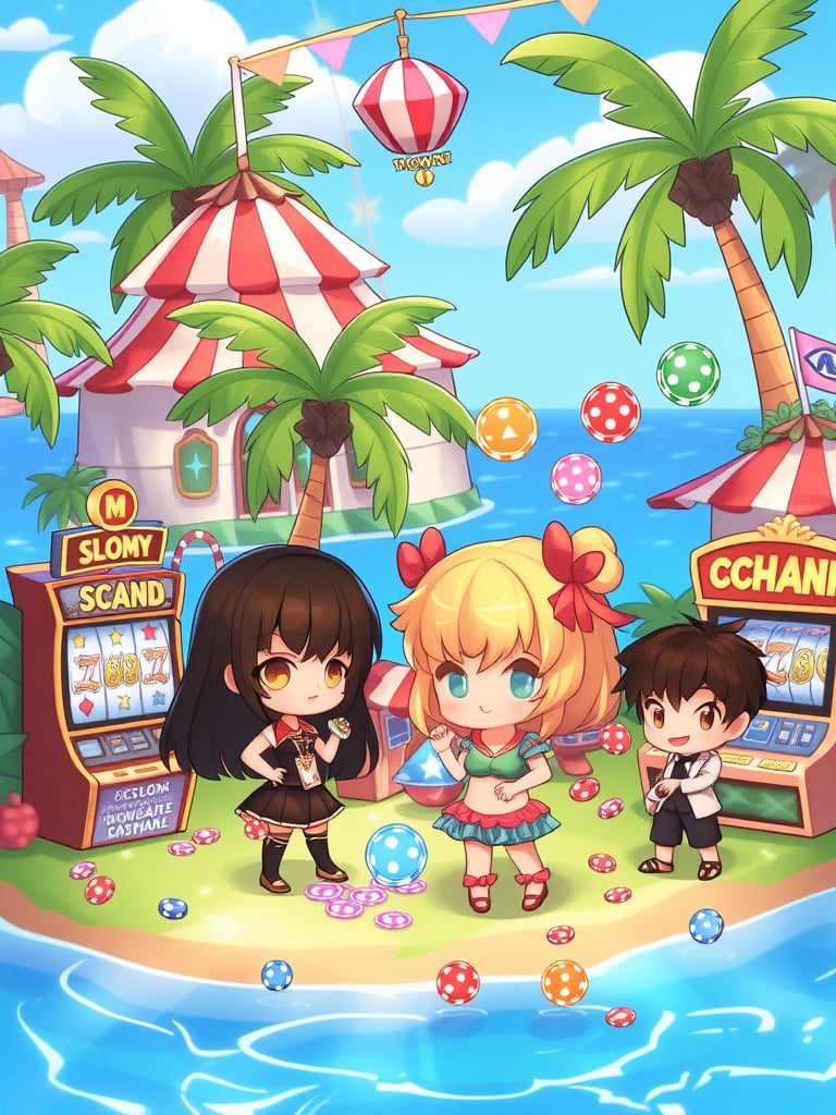 style_mix,  Cute chibi characters in a lively, tropical fantasy world, with slot machines, palm trees, and magical elements like floating cards and glowing dice. The atmosphere is colorful, whimsical, and full of playful details. , <lora:album_cover:1>