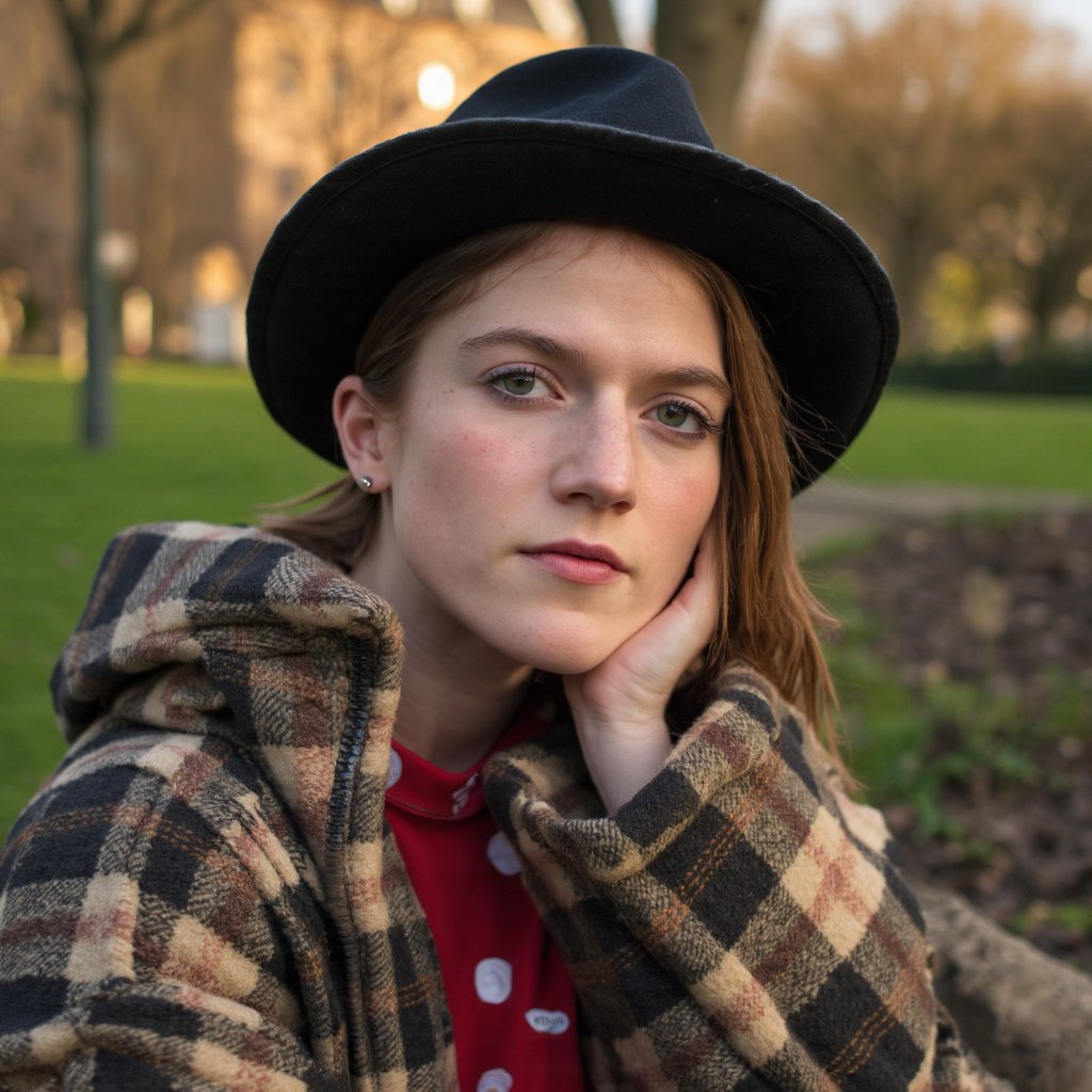 A portrait of rose_leslie outdoors during the golden hour. She wears a black leather cap and a checkered jacket with a red and white polka dot pattern. Her hair is pulled back, and she rests her chin on her hand, looking directly at the camera with a contemplative expression. The background is blurred, showing a park or garden with trees and a building. The image style is candid and natural, capturing a moment of quiet reflection.