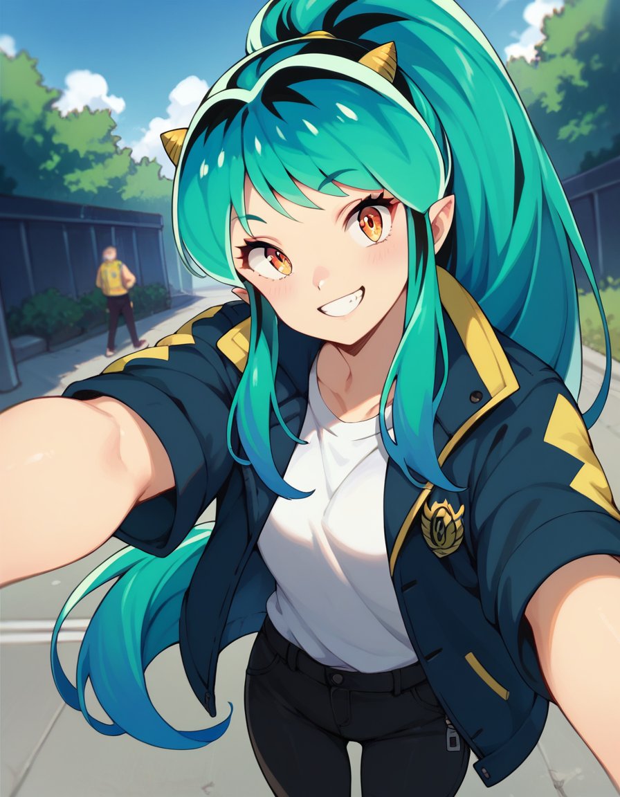 score_9, score_8_up, score_7_up, 1girl,  <lora:lum:1>, lumxl, long hair,green hair, aqua hair, multicolored hair, oni, cone horns, pointy ears, shirt, jacket, shirt, open jacket, black pants, ponytail, pov, selfie, smile, light blush, outdoors