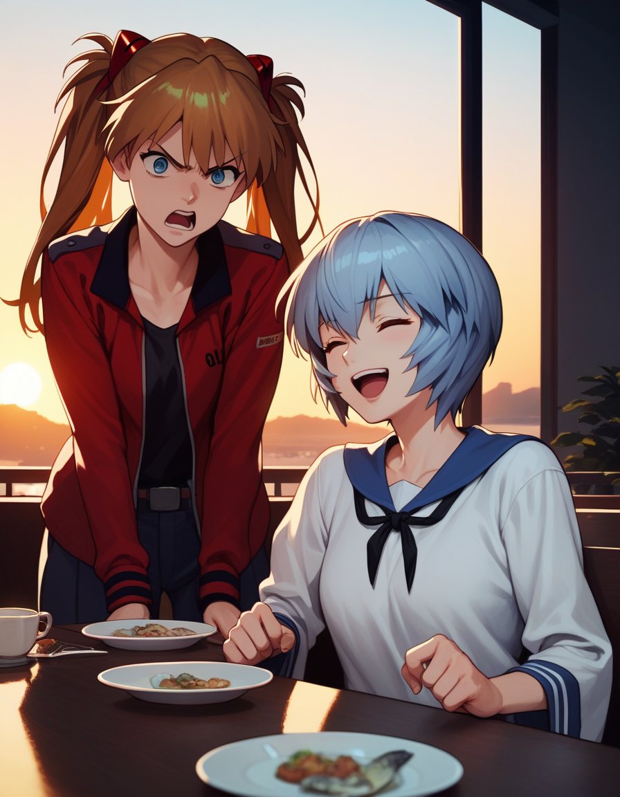 score_9,  score_8_up, score_7_up, source_anime, 2girls, arguing, sunset, table, cinematic lighting BREAKsouryuu asuka langley, angry, open mouth BREAKayanami rei, blue hair, laughing, closed eyes