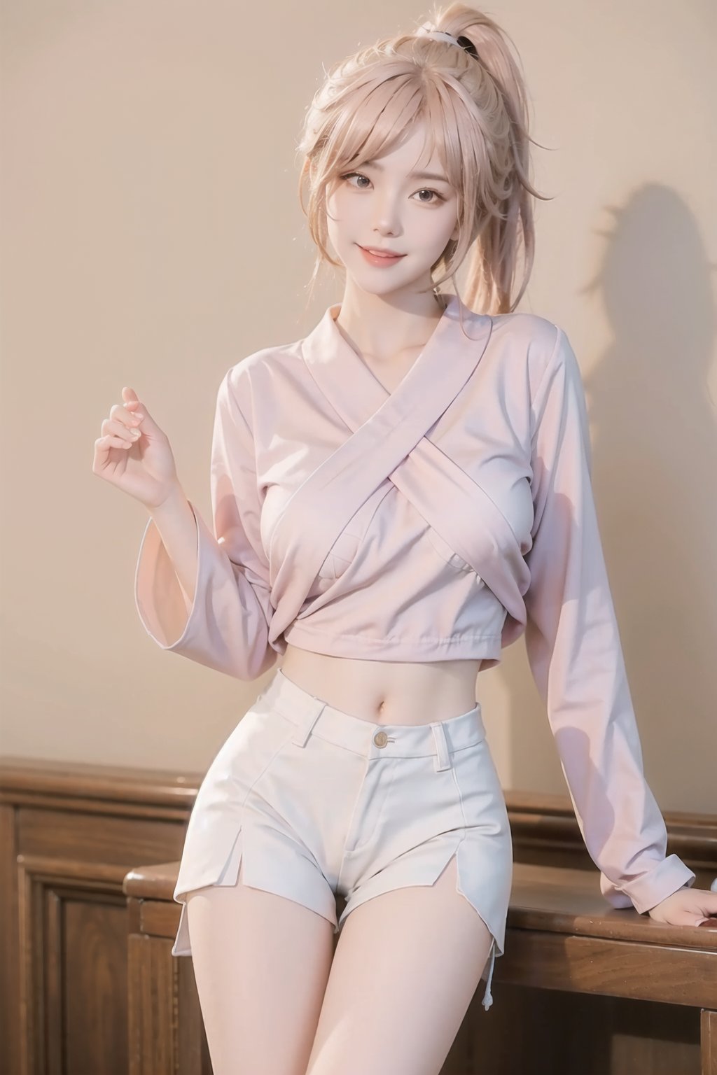 best quality,Best quality,masterpiece,ultra high res,(photorealistic:1.4),raw photo,1girl,solo,jxm,stand,school,pink hair,opaque,delicate face,long legs,whole body,smile,Supergiant huge breasts,high ponytail,ponytail,<lora:face-完美脸型2:0.3>,<lora:face-阿又:0.2>,<lora:jxm01:0.7>,