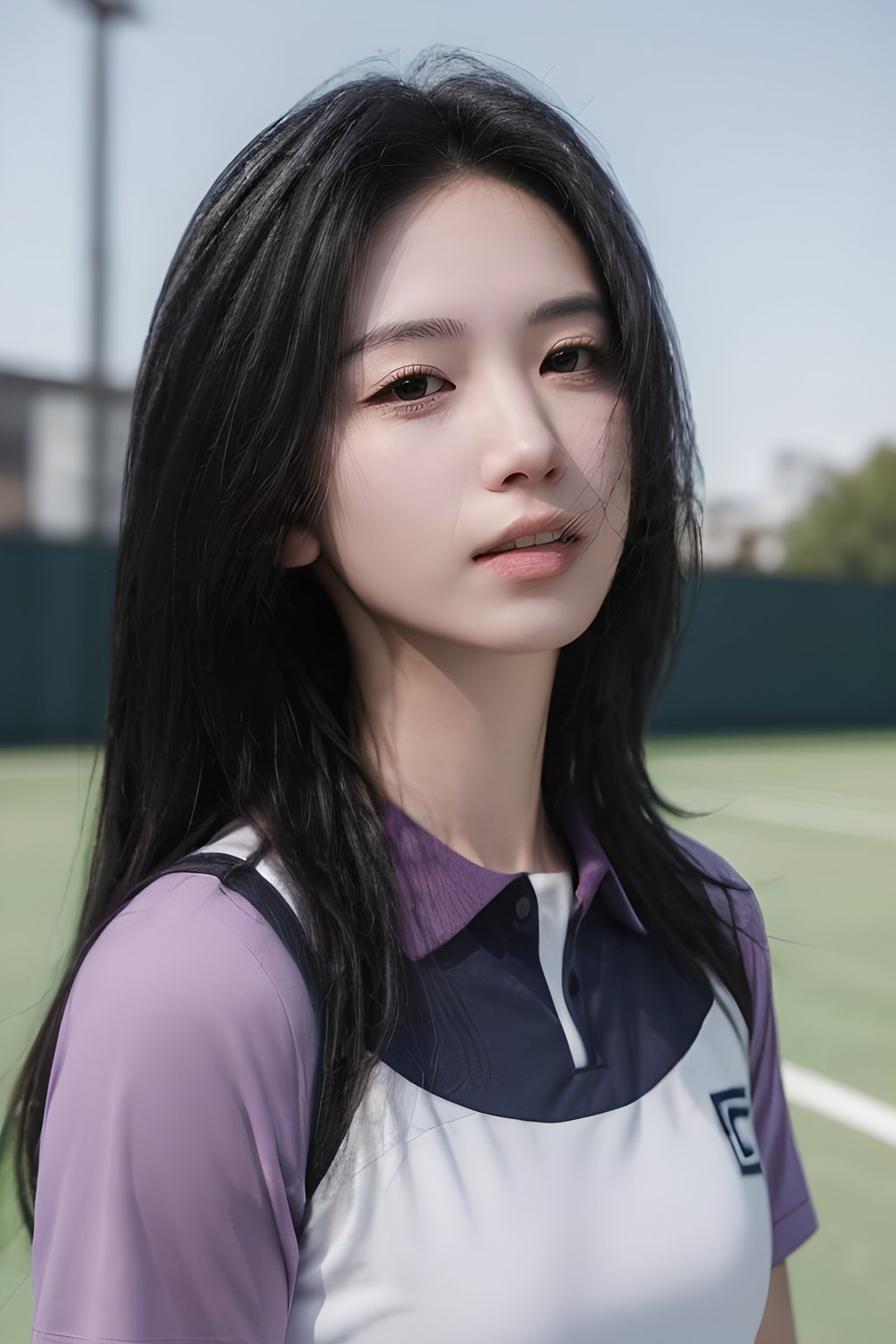 <lora:0830_09:0.7>,purple tennis_uniform,, 1girl,realistic,masterpiece, best quality, photorealistic, HDR,detail