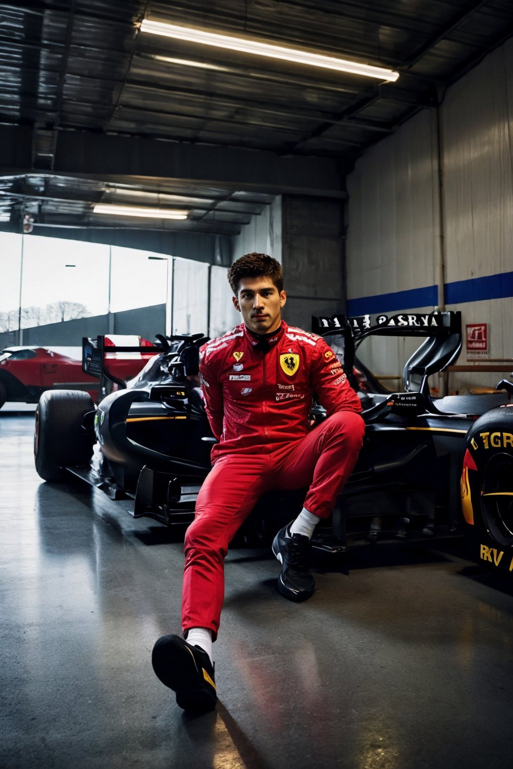 (masterpiece:1.35), (best-quality:1.4), 8k, ultra-detailed, photography, (ultra-realistic:1.4), adult man, posing to viewer, solo:1, pov, (face upward:0.37), ferrari F1 background, long shot, full body, sport suit