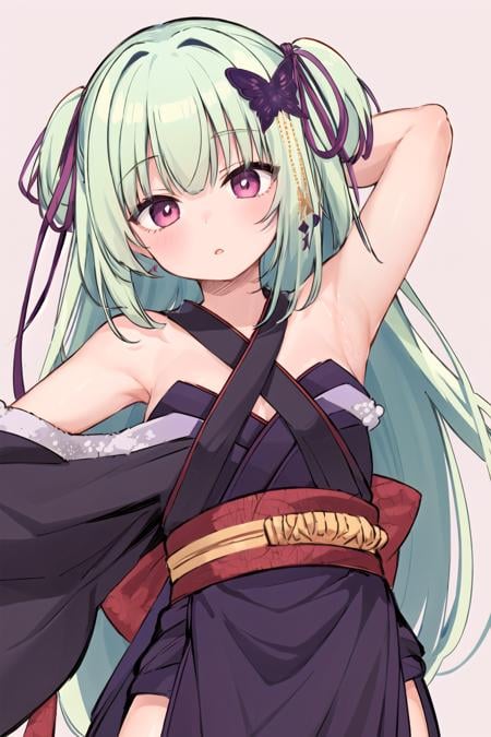 1girl, murasame, two side up, hair ornament,kimono, bare shoulders,arms behind head, close-up, parted lips, head tilt, armpits<lora:Murasame-06:1>,