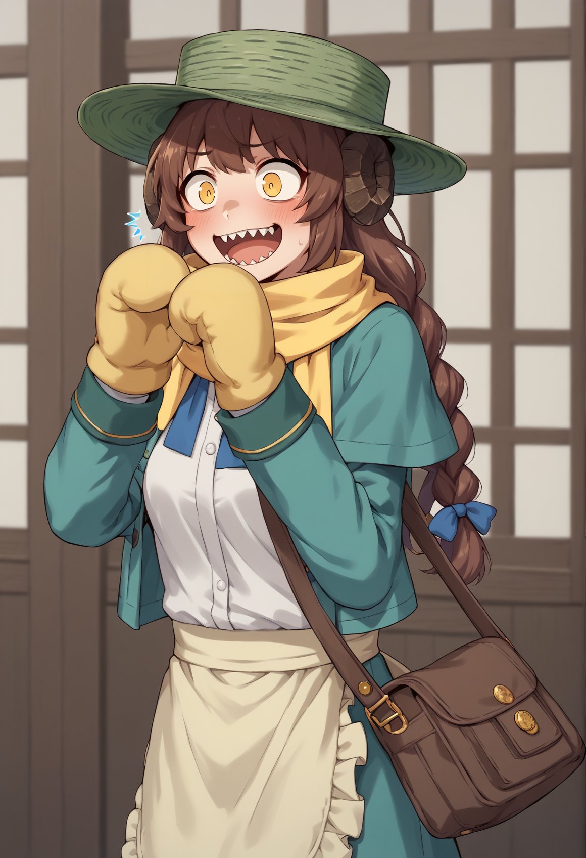 1girl, solo, brown hair, yellow eyes, long hair, braid, horns, white shirt, ribbon, hat, scarf, mittens, capelet, green jacket, green skirt, apron, bag, sharp teeth, split puplis, surprised, nervous smile, sharp teeth, hands up, blushing, sharp teeh, indoors <lora:Mary_Anning:0.8>, score_9, score_8_up, score_7_up, score_6_up, score_5_up, score_4_up, BREAK source_anime, masterpiece