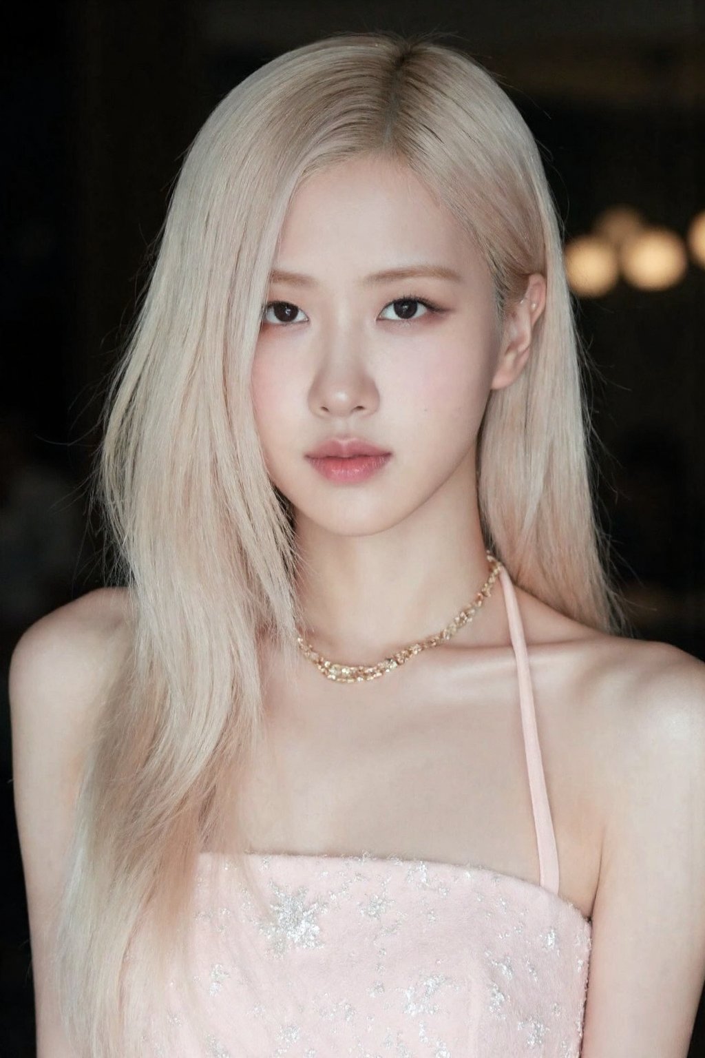 (medium full shot), beautiful korean girl with platinum blonde long hair wearing halter dress, necklace, dslr, soft lighting, high quality, film grain, light reflections, blood vessels, pale skin, skin pores,blood vessels in sclera, detailed skin, beauty spots, skin fuzz, <lora:flux_realism_lora:1>,  <lora:makinaflux_rose_v1.0:1>