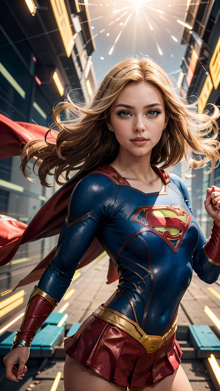 (best quality, masterpiece, colorful, dynamic angle, highest detailed)(Supergirl), cowboy shot, fashion photography of cute blonde long hair girl (Supergirl), dressing high detailed Supergirl suitin dynamic pose, bokeh, light passing through hair, (abstract background:1.3), (official art)