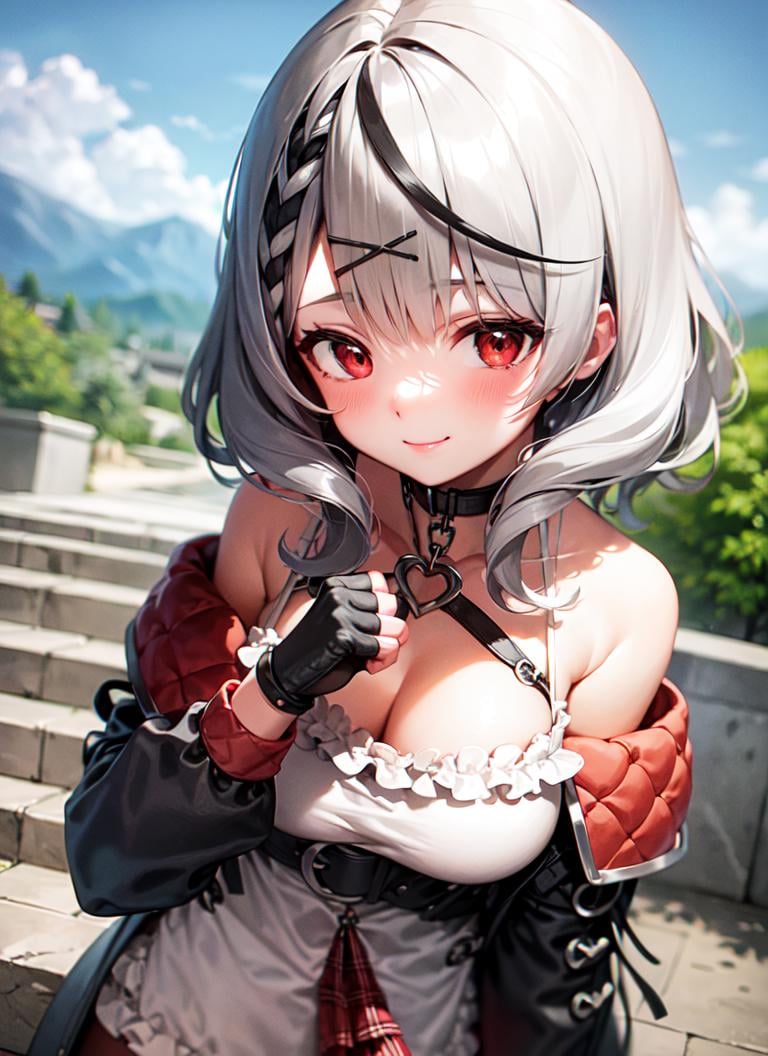 <lora:chloe1-000003:1.0>, chloedef, upper body, smile, blush, outdoors, day, simple background, blue sky, sky, temple, looking at viewer, stairs, mountain, moody lighting, facing viewer,