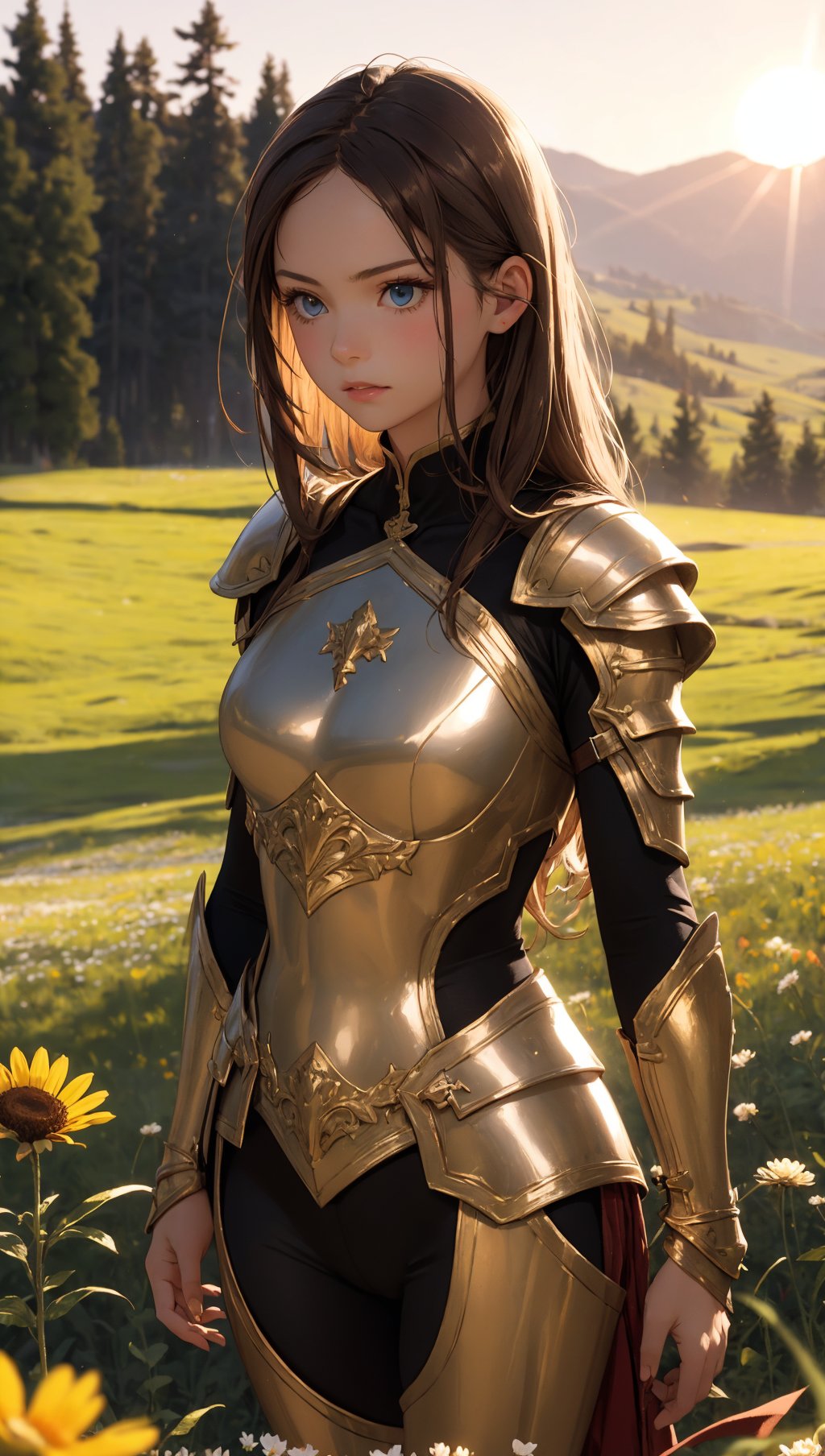 (masterpiece),(best quality),(extremely intricate),(sharp focus),(cinematic lighting),(extremely detailed),A young girl in armor,standing in a meadow of wildflowers. She has long brown hair adorned with wildflowers. Her expression is determined,and her eyes are shining with courage. The sun is shining brightly behind her,casting a golden glow over the scene.,flower4rmor,flower bodysuit,Flower,