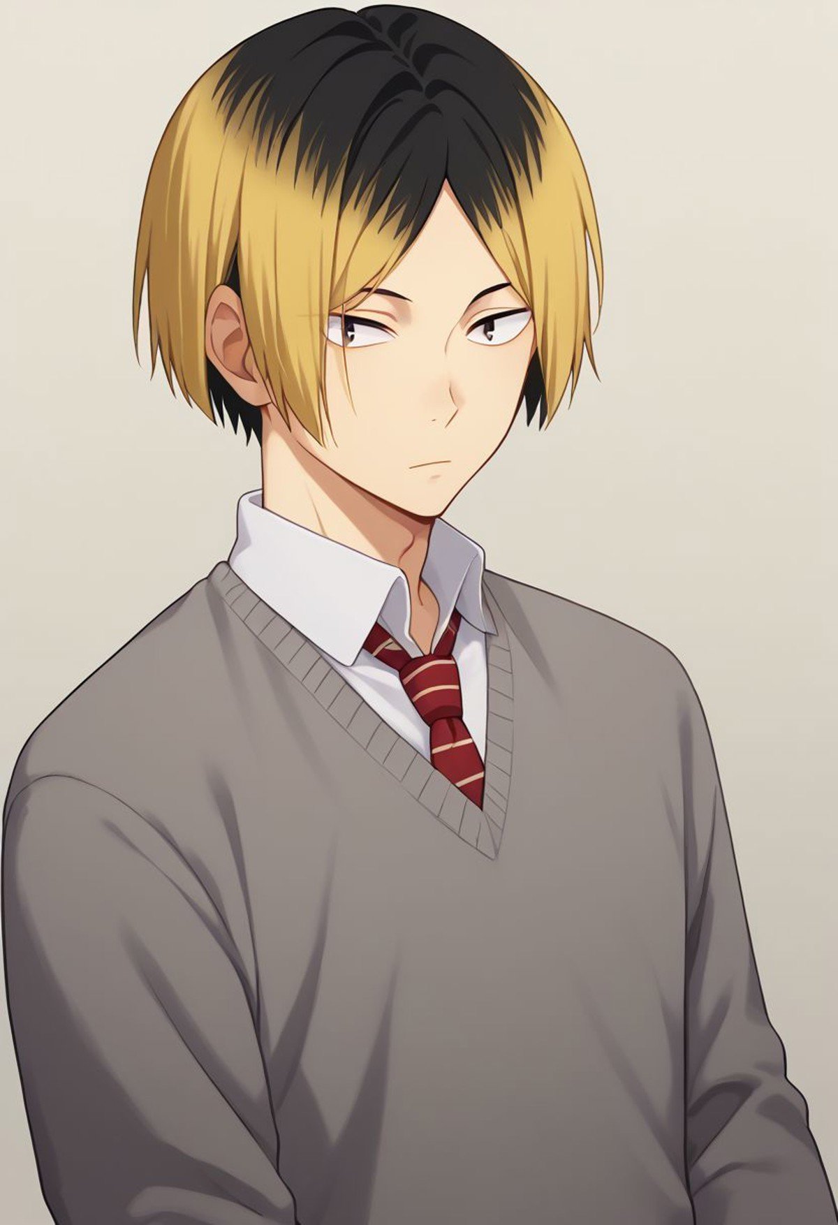 score_9, score_8_up, score_7_up, source_anime, highly detailed, kenma, 1boy, male focus, solo, blonde hair, multicolored hair, two-tone hair, black hair, school uniform, shirt, white shirt, sweater, grey sweater, necktie, red and black necktie, striped necktie, skinny,indoor,