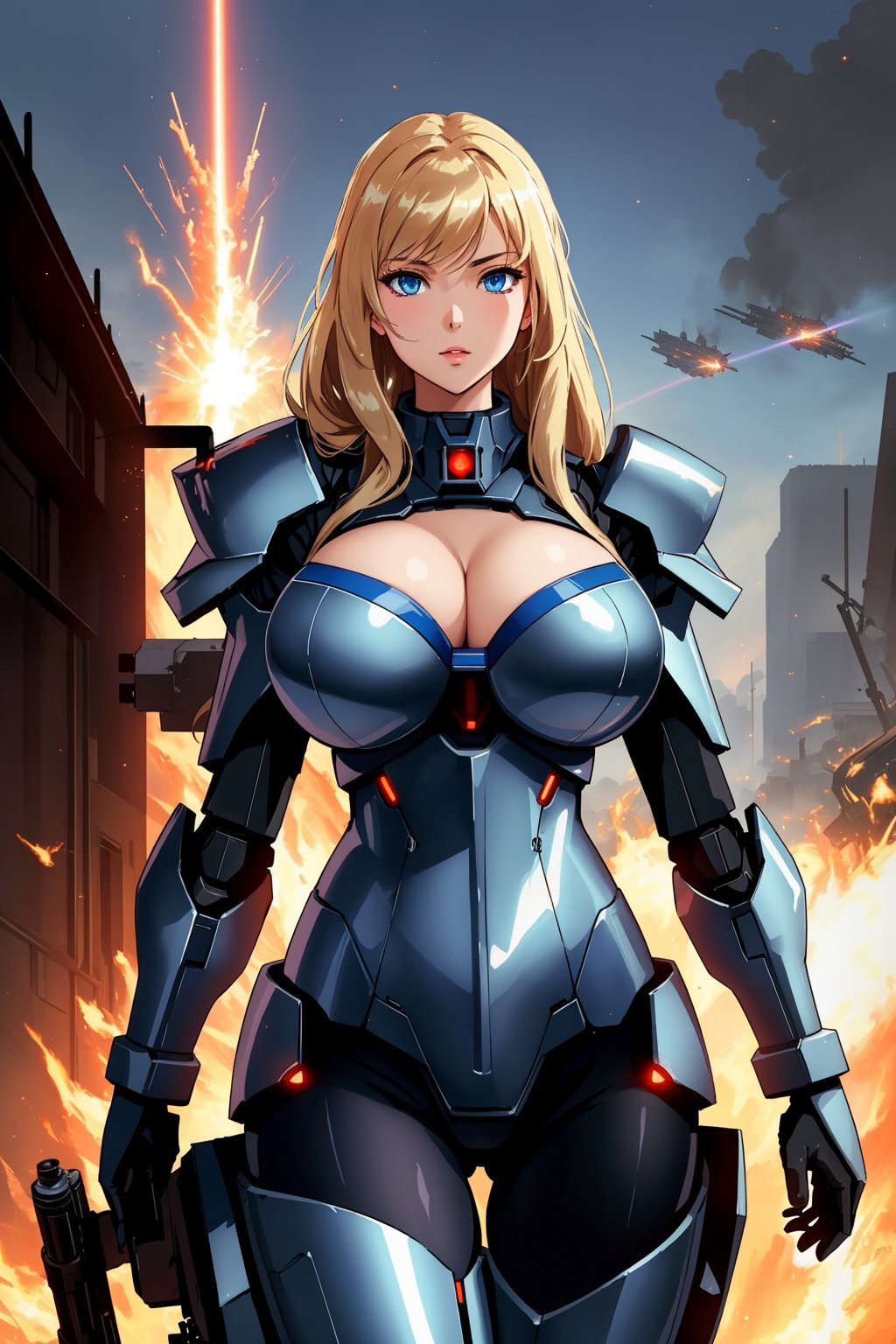 cleavage huge breasts, masterpiece, best quality, mecha, no humans, black armor, blue eyes, science fiction, fire, laser canon beam, war, conflict, destroyed city background