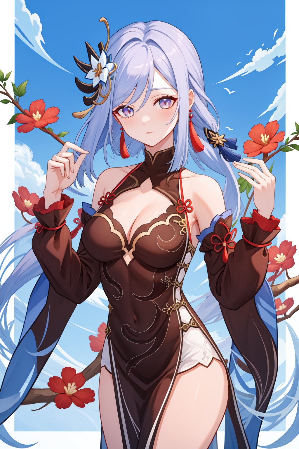 <lora:申鹤皮肤v2:1:lbw=char>,1girl,shenhe \(genshin impact\),bare shoulders,detached sleeves,black dress,alternate costume,tassel,china dress,long sleeves,tassel earrings,high quality,chinese clothes,cleavage,flower,, (masterpiece,best quality,high quality:1.2),absurdres,