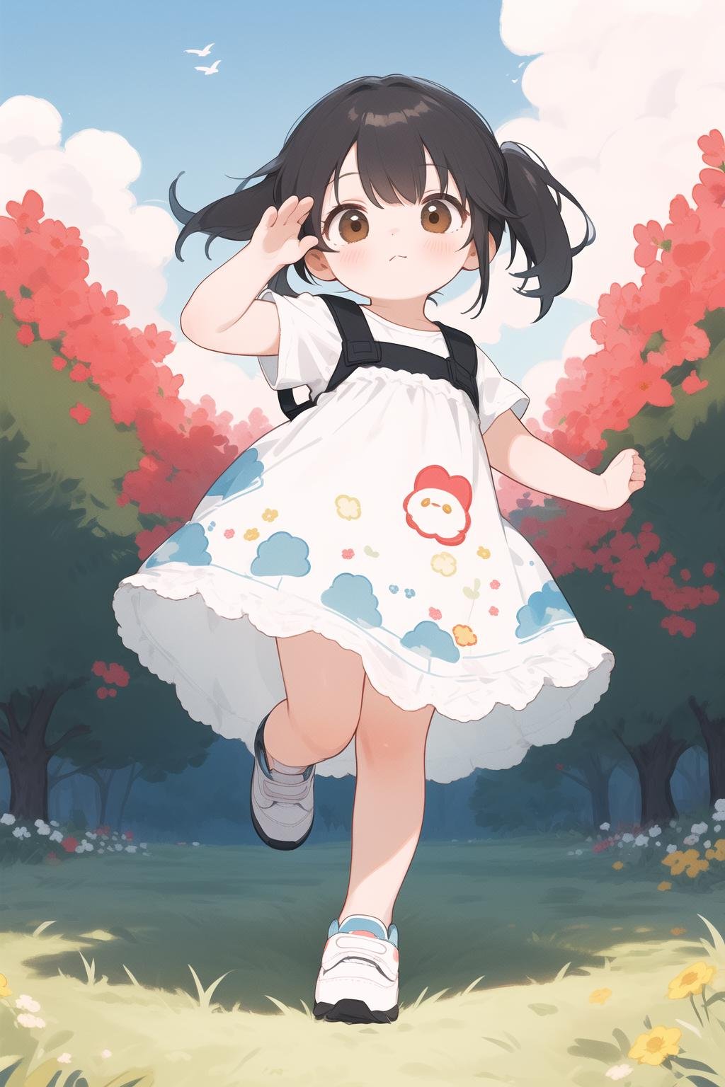 (best quality,masterpiece:1.3),((cute 1 girl:1.2)),(child,8 years old:1.4), low twintails, hair, solo, outdoors, cloud, black hair, dress, white footwear,red sky, shoes, short sleeves, sneakers, looking at viewer, brown eyes, white dress, full body, (dynamic pose:1.3), day, cloudy sky, floral print, bangs, blue sky, grass, blush, tree, closed mouth, city,from below, running