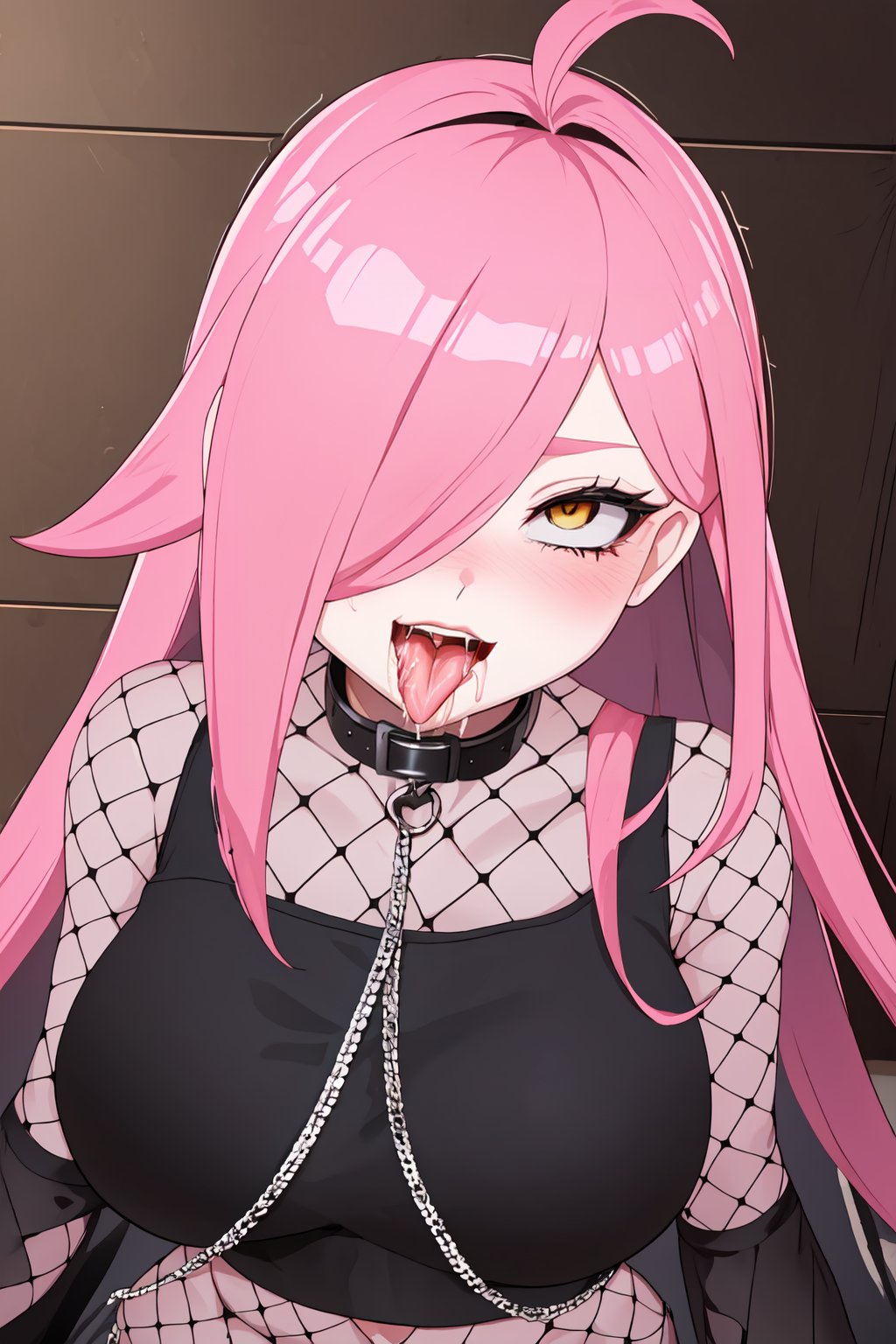 (masterpiece, best quality), NeneEfthyVT, yellow eyes, hair covering one eye, long hair, pink hair, ahoge, collar, navel,  (black pads sleeve:1.2), collar with chain, black crop top, (mesh:1.3), all fours, (potrait shot, upper body), (ahegao), (rolling eyes), naughty face, blush, open mouth, tongue out, saliva, ahg, excited, indoors  <lora:NeneEfthyVT:0.7> <lora:ahe2:0.8>