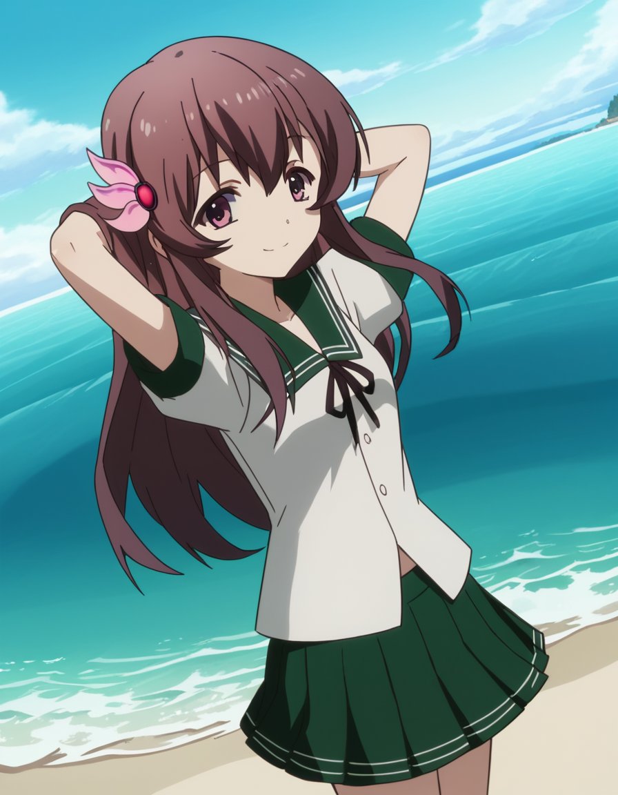 score_9, score_8_up, score_7_up, source_anime, <lora:kancolle-kisaragi-s1-ponyxl-lora-nochekaiser:1>, kisaragi, long hair, brown hair, hair ornament, brown eyes, purple eyes, kisaragi (kancolle), skirt, school uniform, short sleeves, pleated skirt, serafuku, green skirt,, beach, sand castle, swimsuit, summer vacation, ocean wave, hands behind head,, smile, , hand behind head, smile,, solo,, cowboy shot, dutch angle