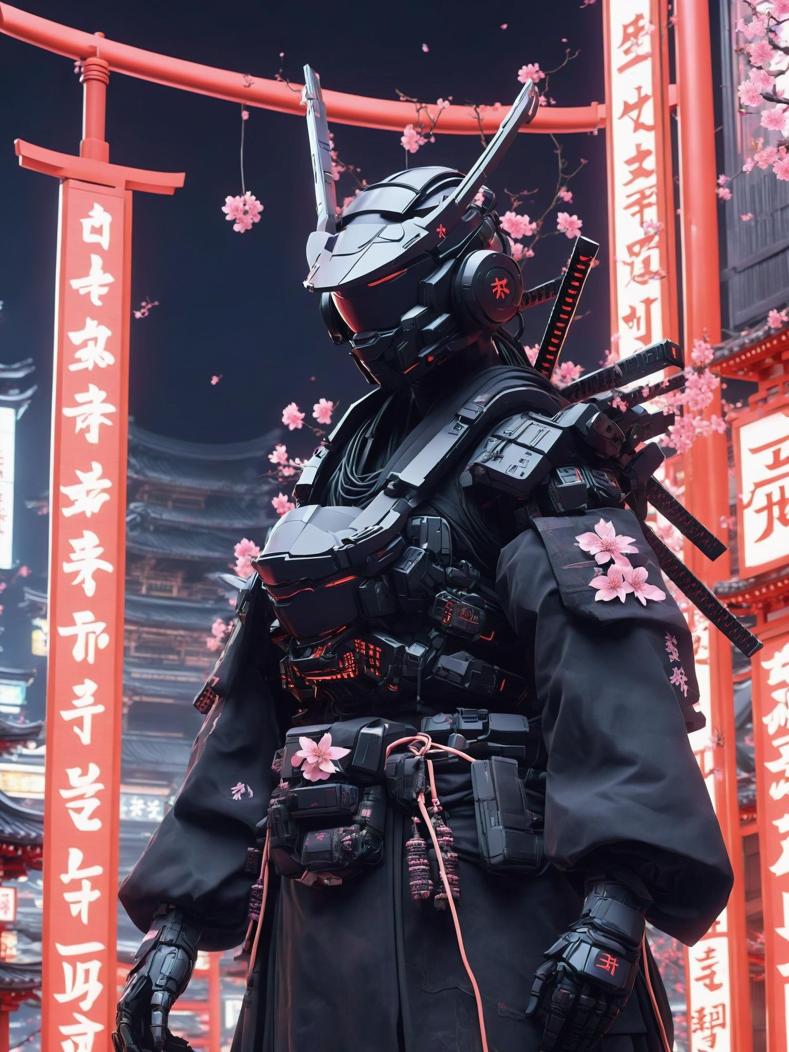 In the heart of a sprawling metropolis, an enigmatic cybernetic ninja stands sentinel at a digitalized Shinto temple. Clad in a stealth suit melded with ancient ninja garb, their cyber-embedded shurikens gleam amidst the neon glow. They protect the temple's sacred servers, where pixelated torii gates and virtual cherry blossoms exist in a digital sanctuary, blending spiritual tradition with technological defense , <lora:ByteBlade:1>