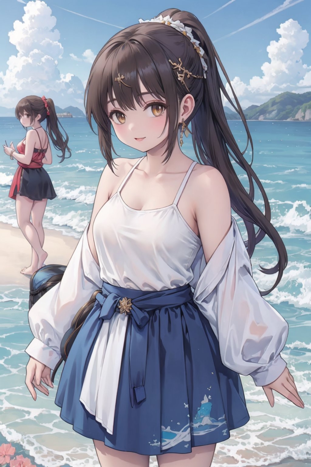 multiple girls,3girls,skirt,brown hair,beach,ponytail,jewelry,brown eyes,smile,looking at viewer,cloud,sky,long hair,tank top,ocean,jacket,shirt,earrings,outdoors,clothes around waist,