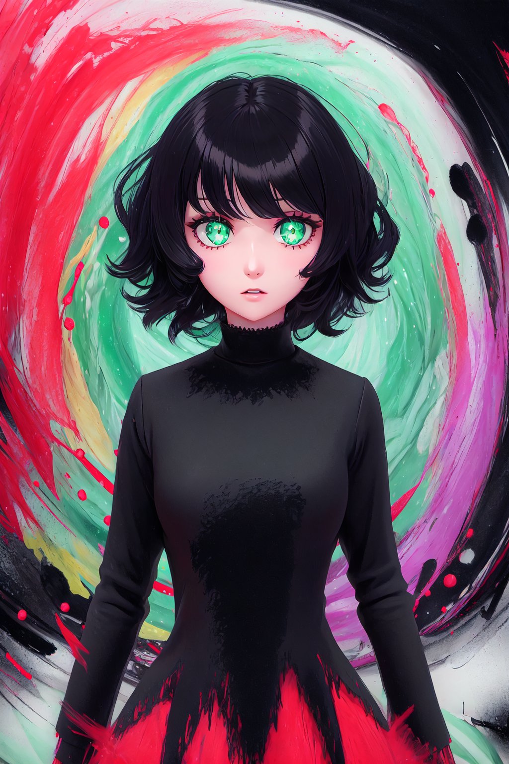 black hair, short hair, green eyes, sparkling eyes, pastel, abstract, particles, horror \(theme\), scary, ribbon, flowing hair, (nightmare), red, black, horrified, facing viewer, upper body, looking at viewer