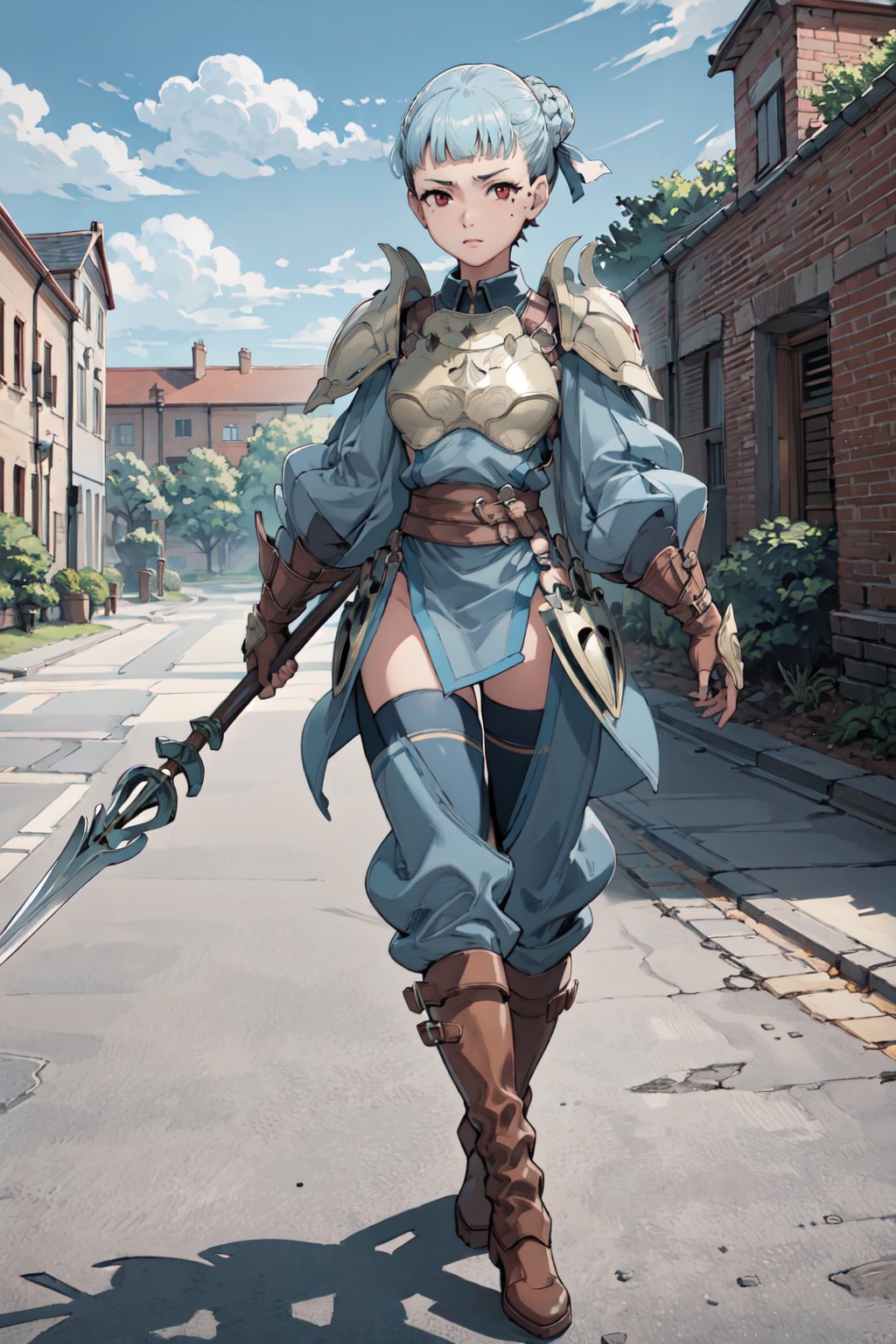 (holding polearm,weapon, :1.1), <lora:philaV2:0.9>,phila,blunt bangs,,forehead,armor, shoulder armor,  looking at viewer, breastplate, brown footwear, puffy long sleeves, , pelvic curtain, knee boots, brown gloves, pauldrons,fingerless gloves, blue short dress, blue pants, juliet sleeves,  thighs, brown belt,zettai ryouiki, blue thighhighs,mole under eye, castle gate,outdoors,(masterpiece, best quality, ultra-detailed, best shadow)