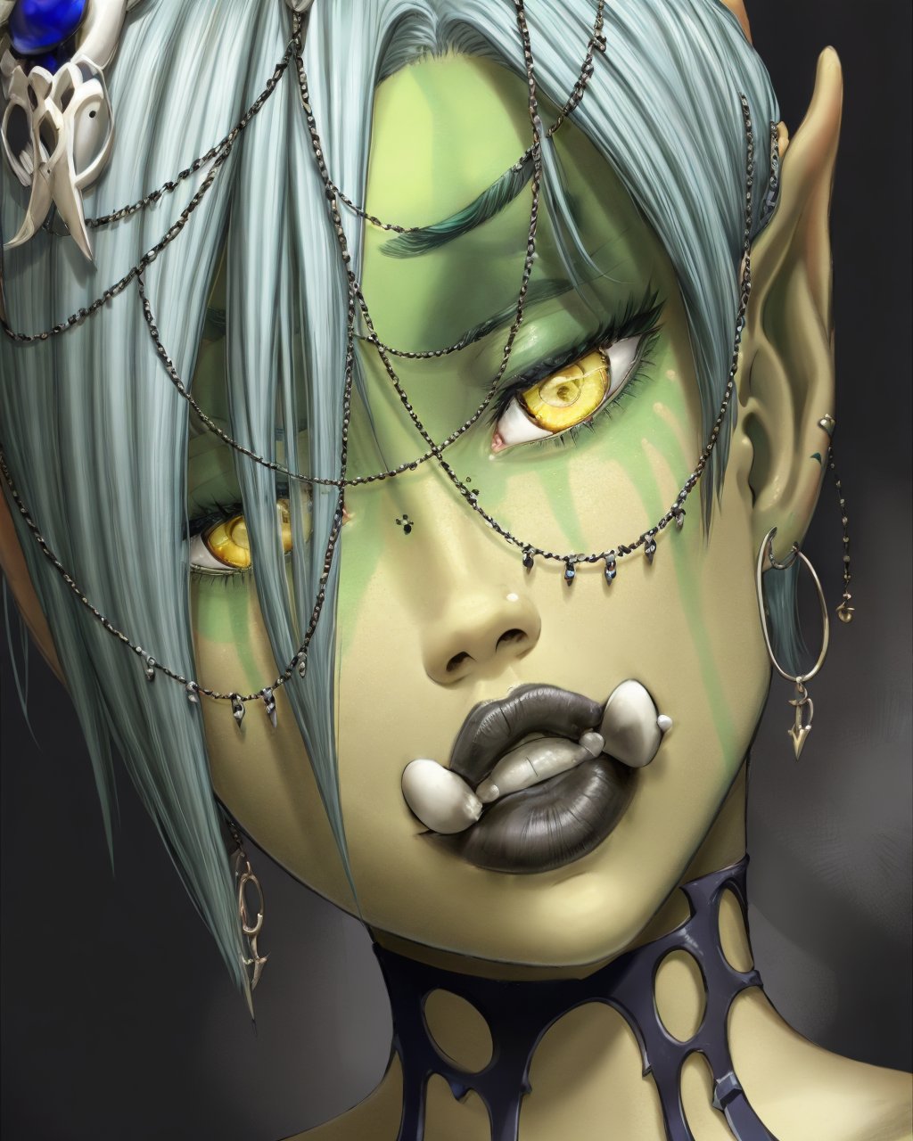 (majalis:1.2), 1girl, orc, urka, blue hair, (closeup:0.8), colored skin, earrings, eyelashes, fangs, jewelry, lips, skull hair ornament, solo, stitches, yellow eyes <lyco:majalis_style_v2:0.7>