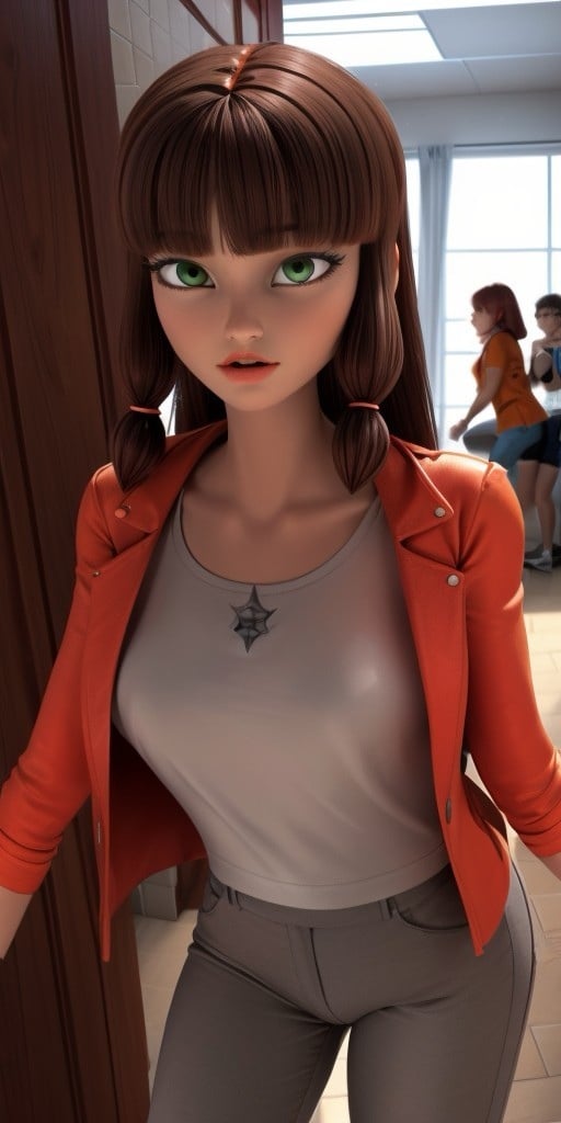 Hyperrealistic, photorealistic, super detailed, (gray pants), ((gray T-shirt under jacket)), (orange jacket), hip-length auburn wig with blunt bangs and two shorter pieces framing her face which is loosely tied near the ends with orange bands, expressive grayish chartreuse green eyes, fourteen years old, body like in real life, large pores, slender, light tan skin, beautiful arms, very little very flat breasts, unreal engine, octane render, droped shadow, bokeh, cinematic lighting, <lora:add_detail:0.5>, <lora:Volumetric_lighting:0.6>, Lila, Rossi, Grayish chartreuse green eyes, Hip-length auburn wig with blunt bangs and two shorter pieces framing her face which is loosely tied near the ends with orange bands, , <lora:78470c30-a7d9-432e-87fe-5eba4aa626a5:0.7>