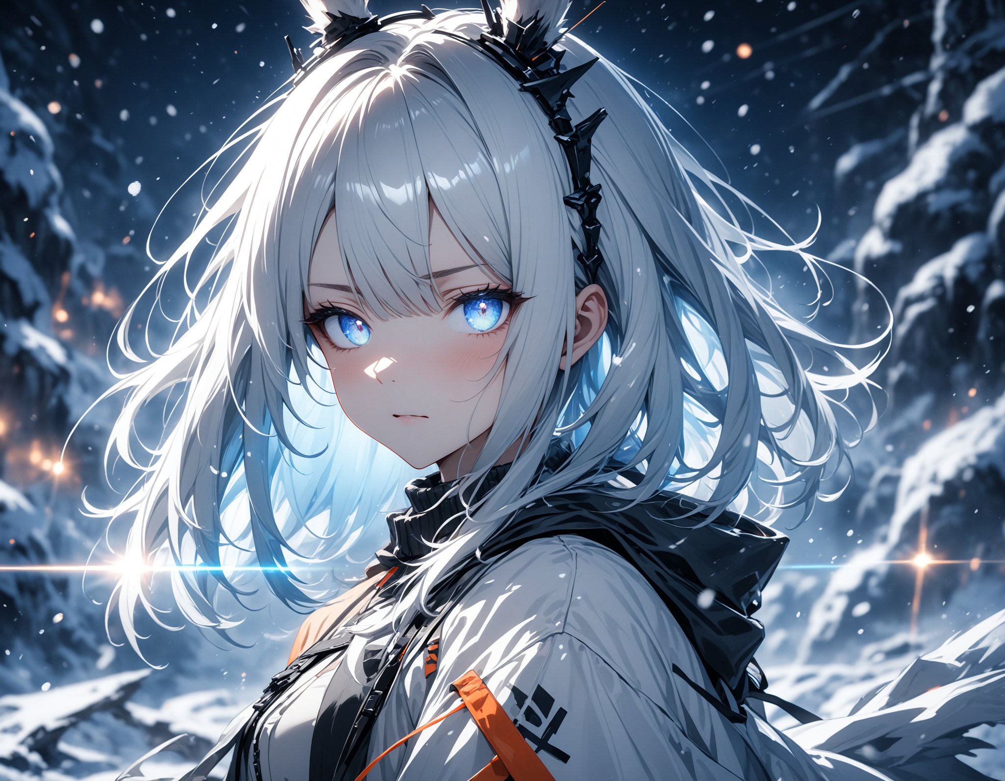 1girl,(frostnova \(arknights\),arknights:1.1), (straight hair over one eye:1.3), rabbit ears,scar on the nose, straight hair, close up on face, looking at viewer, (iridescent eyes:1.5), light , (glowing light from eyes:1.4), (glowing:1.3),(white theme:1.3), (blue theme),(snowing:1.3), (iridescent light:1.3), (diffraction spikes:1.3), (backlighting:1.3), strong wind blowing, night time,snow mountain, snow, glaring, half-closed eye, (blurry background,:1.1) , (masterpiece:1.2), (best quality:1.2), (very aesthetic:1.2), (absurdres:1.2), (detailed background),newest,ai-generated,