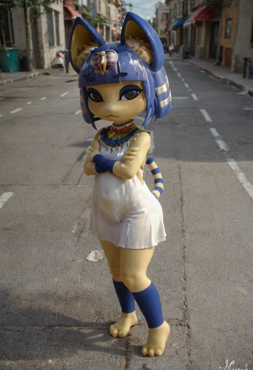 zPDXL, zPDXLxxx, score_9, score_8_up, score_7_up, score_6_up, score_5_up, score_4_up, BREAK <lora:Ankha_HD_Animal_Crossing_for_PonyXL:0.9>,ankha \(animal crossing\), 3d, 1girl, outdoors, yellow fur, furry, two-tone fur, blue hair, furry female, animal ears, tail, white dress, arms crossed, anthro, felid, feline, body fur, short hair, hair ornament, cat ears, animal feet, felis, domestic cat, blue fur, feet, snake hair ornament, city street, day, barefoot, cat tail, cat girl, sky, blunt bangs, blue eyeshadow, egyptian, hair, blue sky, looking at viewer, toes, closed mouth, outside, animal nose, flat chest, white fur, fur, stomach, black eyes, bob cut, from above