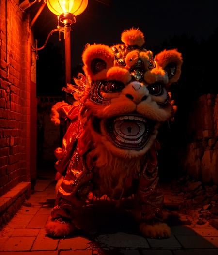 liong,lion_dance,all fours,sharp_teeth,open mouth,monster,red_fur,looking at viewer,no humans,outdoors,lantern/lamp,ruins,night,blood_trail,red theme,horror \(theme\),Chinese horror,<lora:Chinese_horror_v1:0.7>,