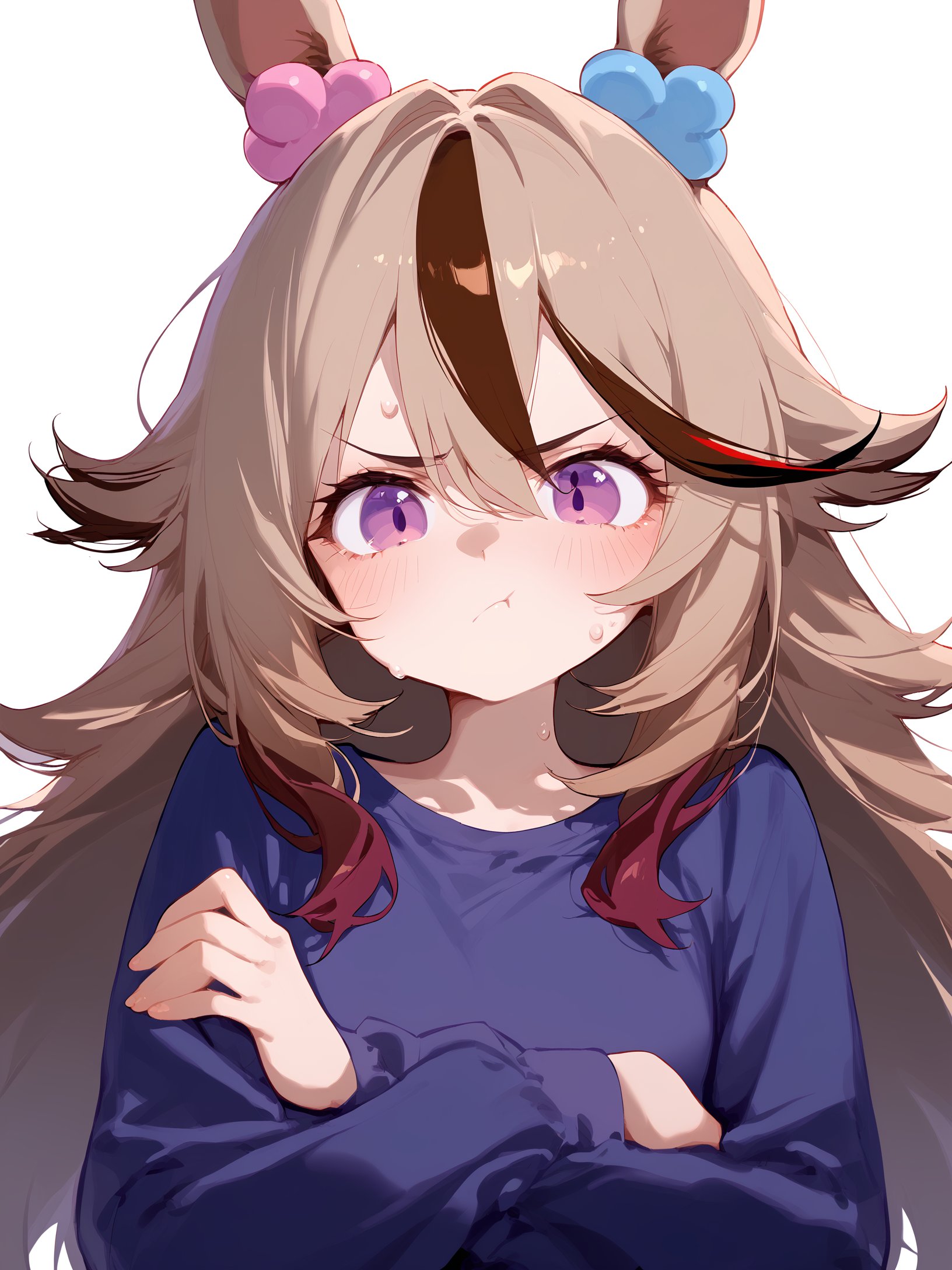 1girl,score_9, :t, two-tone hair, puff of air, annoyed, looking at viewer, furrowed brow, crossed arms, blush, white background, closed mouth, light brown hair, brown hair, long hair, simple background, solo, purple eyes, sweat, multicolored hair, purple shirt, ear ornament, shirt, streaked hair, pout, long sleeves, animal ears, v-shaped eyebrows, horse ears, portrait, horse girl, hair between eyes