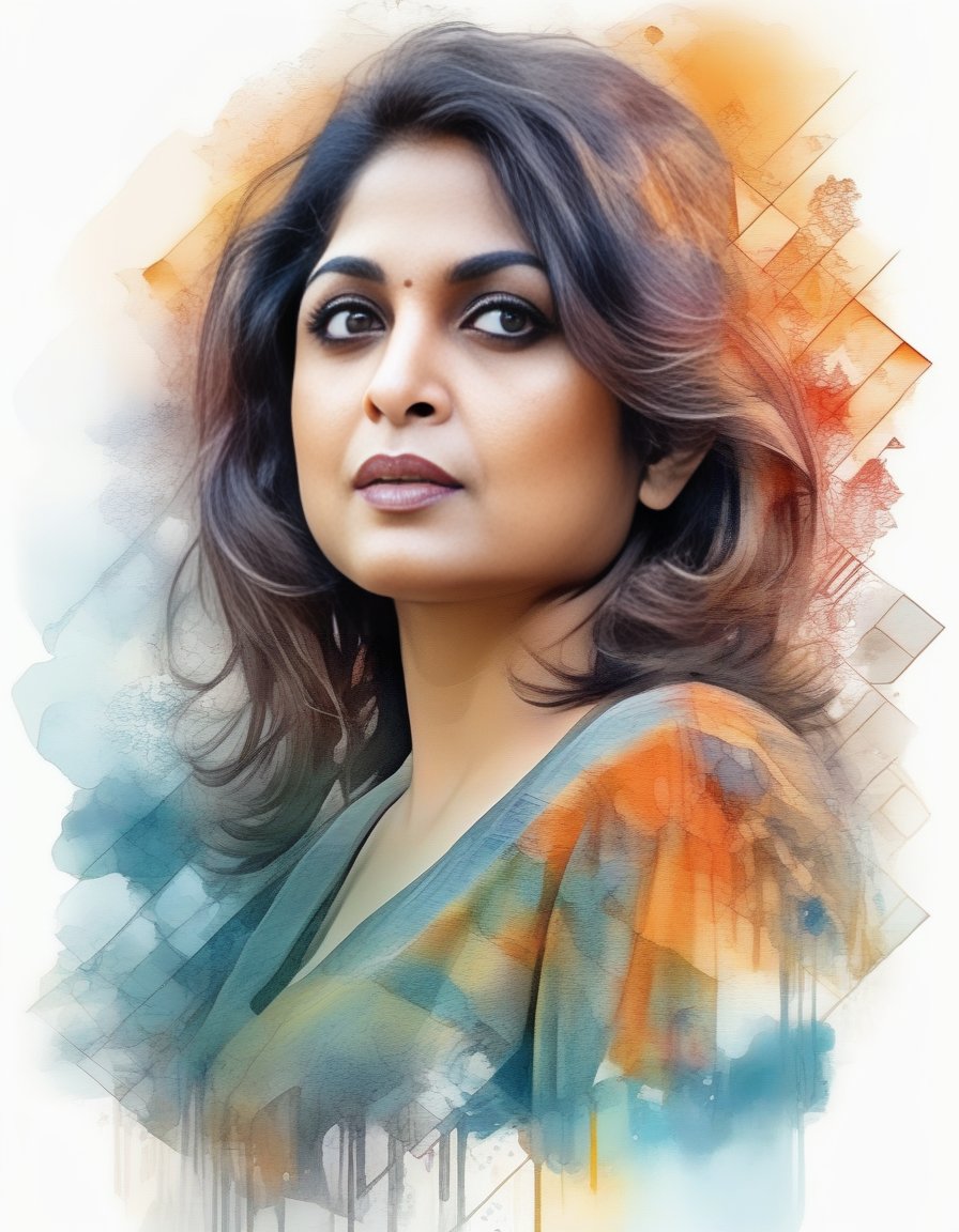 RamyaKrishnan,<lora:RamyaKrishnanSDXL:1>A beautiful girl, digital watercolor Illustration, summers cape sunrise, complex contrast, highly details, geometric Bauhaus abstract vector fractal, in style of Carne Griffiths, triadic colors, wave function