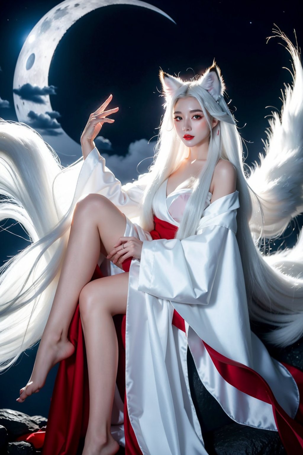 Ultra quality,8k,masterpiece,best quality,1girl,solo,long hair,looking at viewer,long sleeves,animal ears,cloud,night,moon, smoke,tail,full body,white hair,wide sleeves,fox ears,wind,robe,red lips,white theme, <lora:JAY - WHITE FOX:0.7>