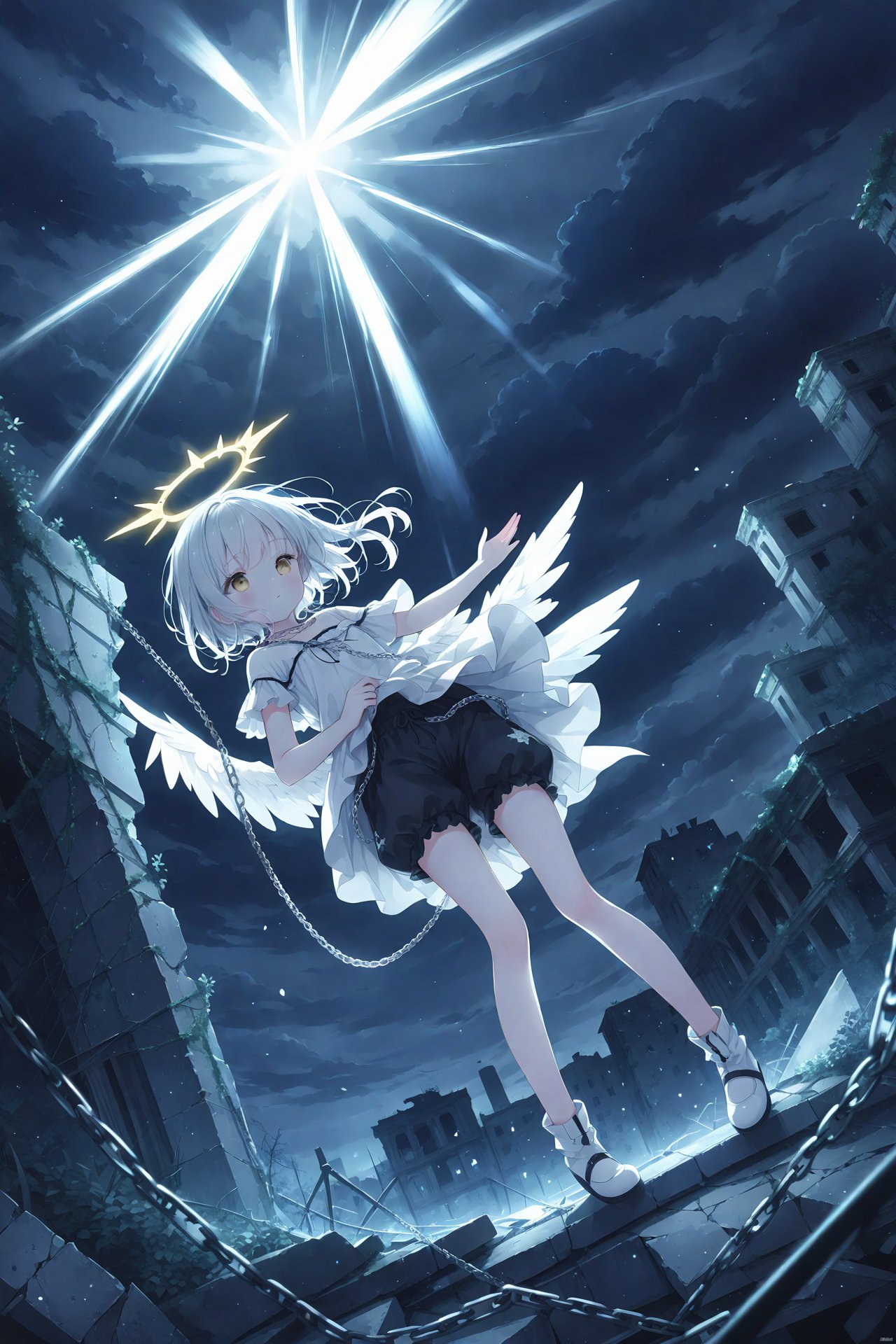 masterpiece,best quality,high quality,(colorful),1girl,loli,(sunlight),(angel),dynamic angle,floating,wing,halo,floating white silk,(Holy Light),silver stars,1girl,chain ring,chain storm,dark chain,((wholeblack bloomer)),darkside,night,deep dark,darkness,((dark clouds)),((ruins)),shadow,death garden,