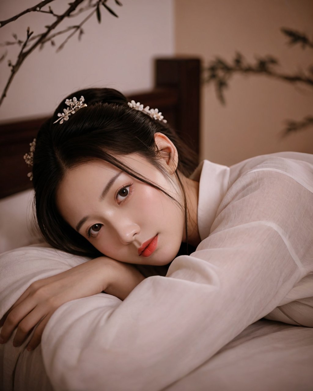 a chinese female,(((lying on the bed))),(((headrest on arm))),wearing hanfu,gloom (expression),from above,detailed face,chinese ancient bedroom indoors background,candle on table,((cool tone)),night,ethereal atmosphere,evocative hues,captivating coloration,dramatic lighting,enchanting aura,masterpiece,best quality,epic cinematic,soft nature lights,rim light,amazing,hyper detailed,ultra realistic,soft colors,photorealistic,Ray tracing,Cinematic Light,light source contrast,black and white ink painting,traditional chinese ink painting,willow branches,willow tree in background,