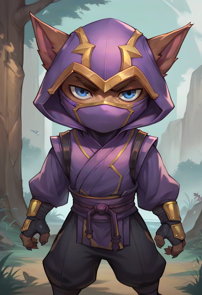 score_9, score_8_up, score_7_up, score_6_up, 1boy, solo, k3nn3n, hood, mask, yordle, solo, 1boy, male focus, hood up, blue eyes, pants, gloves, outdoors, looking at viewer, solo, standing, <lora:Kennen_Default_v2-000028:0.7>, ninja