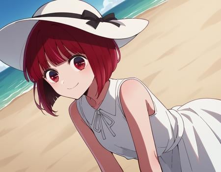 score_9, score_8_up, score_7_up, source_anime,kanaarima, <lora:kana-arima-s1-ponyxl-lora-nochekaiser:1>,kana arima, short hair, bangs, red eyes, red hair, bob cut, smile,hat, dress, ribbon, sleeveless, white dress, sleeveless dress, white headwear, sun hat, sundress,beach, bent over, smile,looking at viewer, cowboy shot, dutch angle, solo,