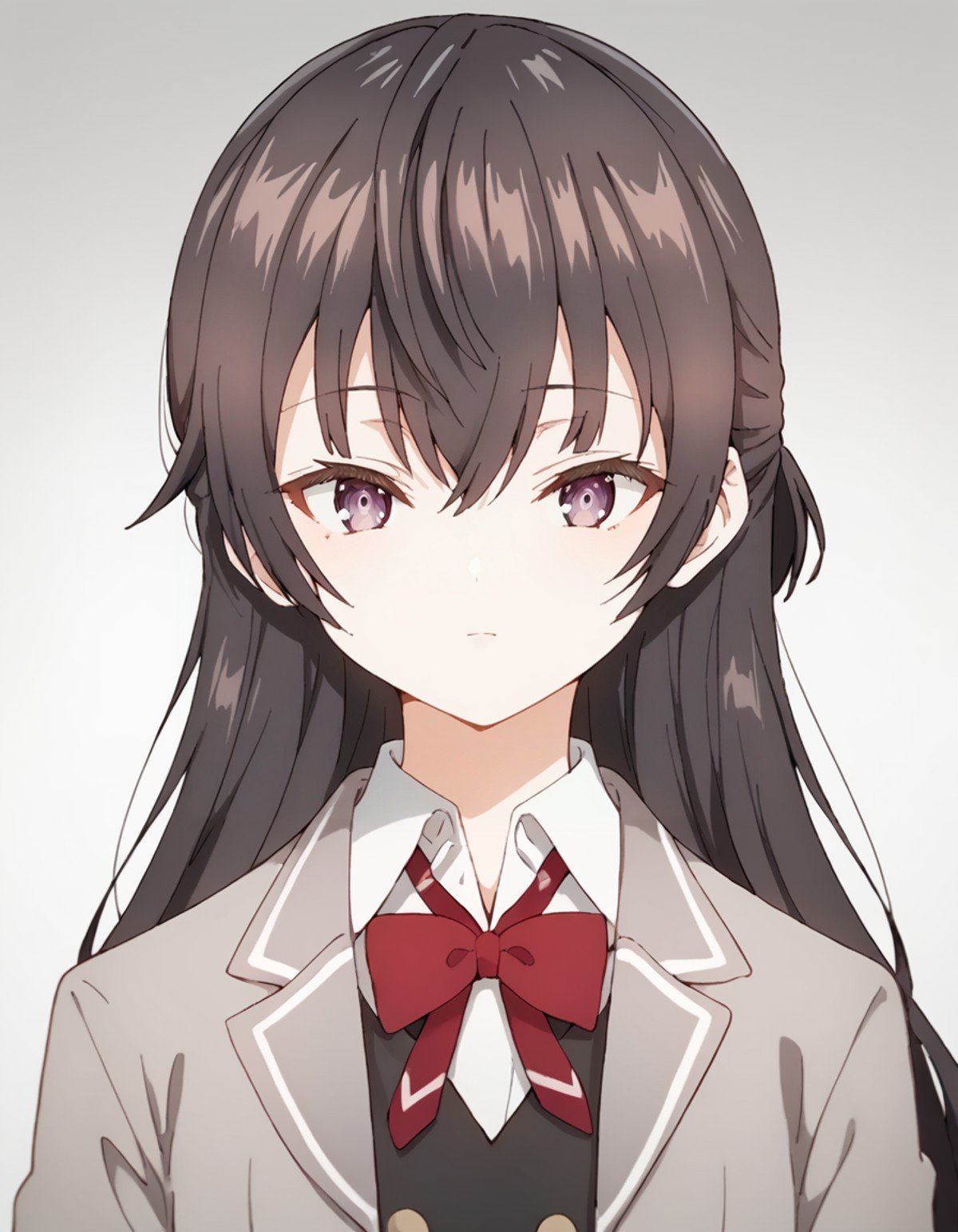 score_9, score_8_up, score_7_up, source_anime,1girl, solo, looking at viewer, upper body, simple background, blurry background, portrait, front view,<lora:yuki_anime-soralz:1>, yuki, black hair, long hair, half updo, hair between eyes, purple eyes, school uniform, grey jacket, open jacket, long sleeves, red bow, white shirt, collared shirt, black vest, buttons,